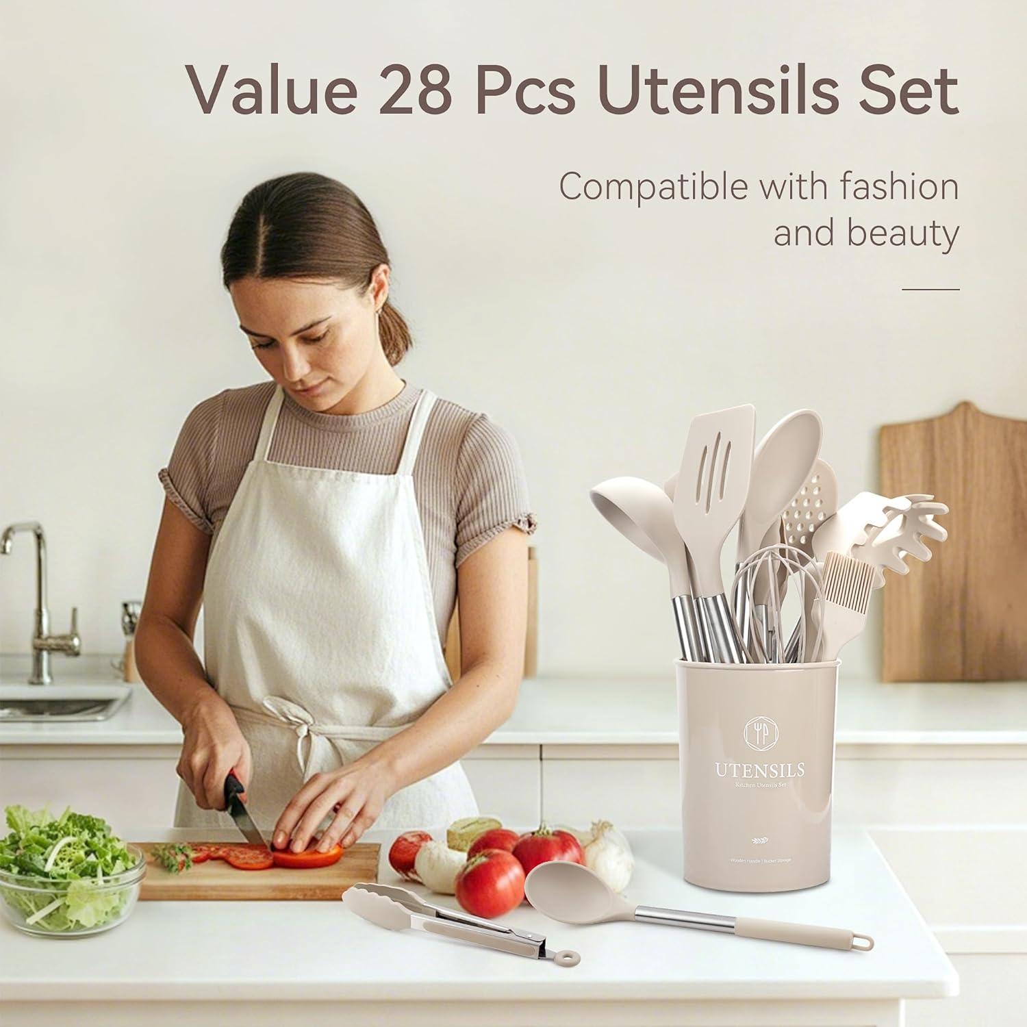 Juego de Utensilios de Cocina NCUE 28 Piezas Silicona Acero Inoxidable