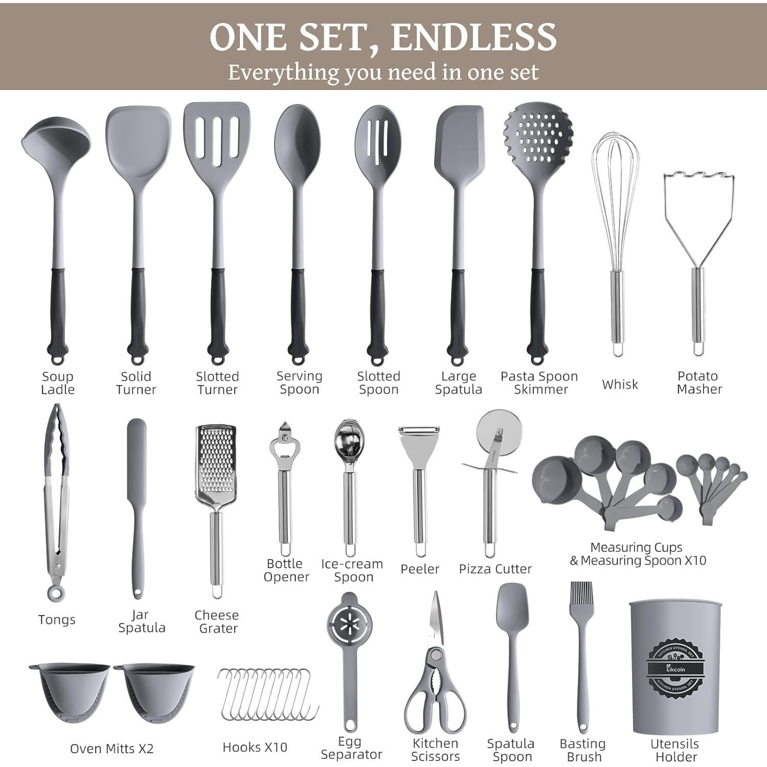 Set de Utensilios de Cocina Kikcoin 43 Piezas Silicona Gris