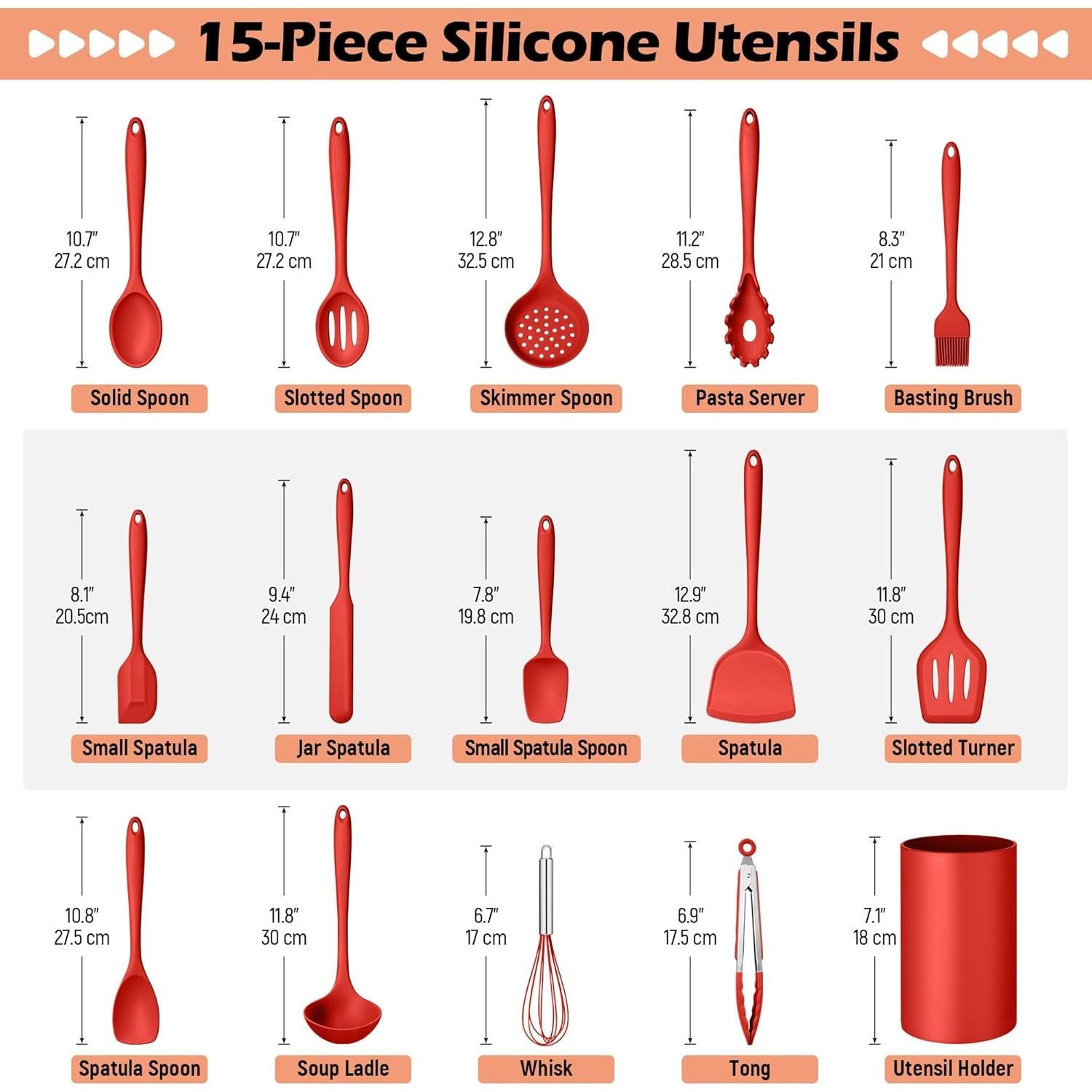 Juego de Utensilios de Cocina 15 Piezas Homikit Silicona Roja