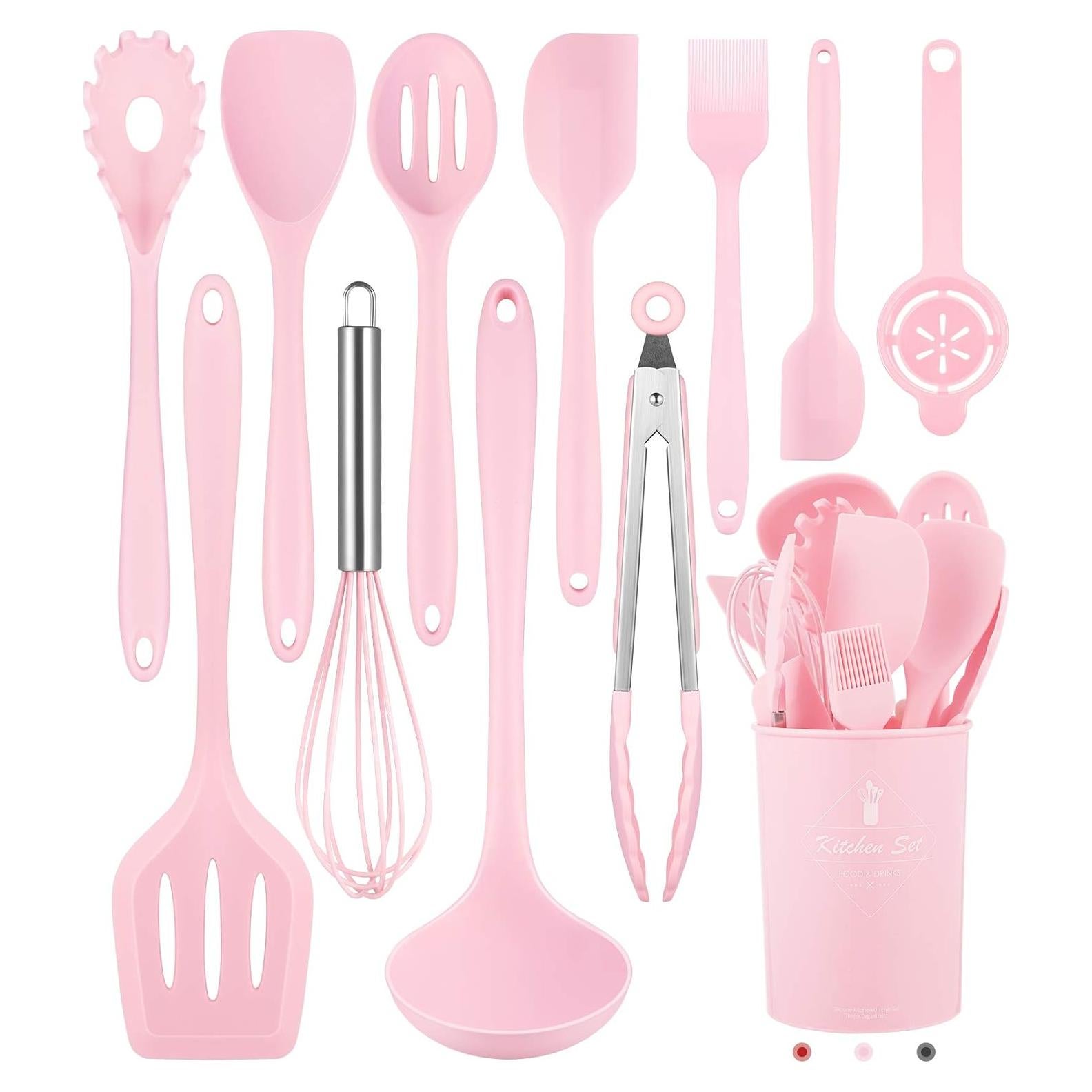 Juego de Utensilios de Cocina Pranski 12 Piezas Silicona Rosa