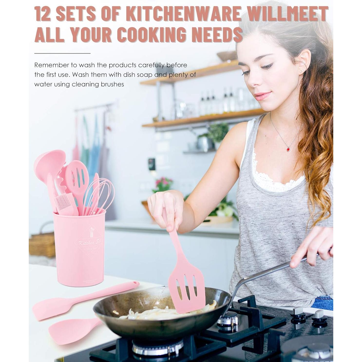 Juego de Utensilios de Cocina Pranski 12 Piezas Silicona Rosa