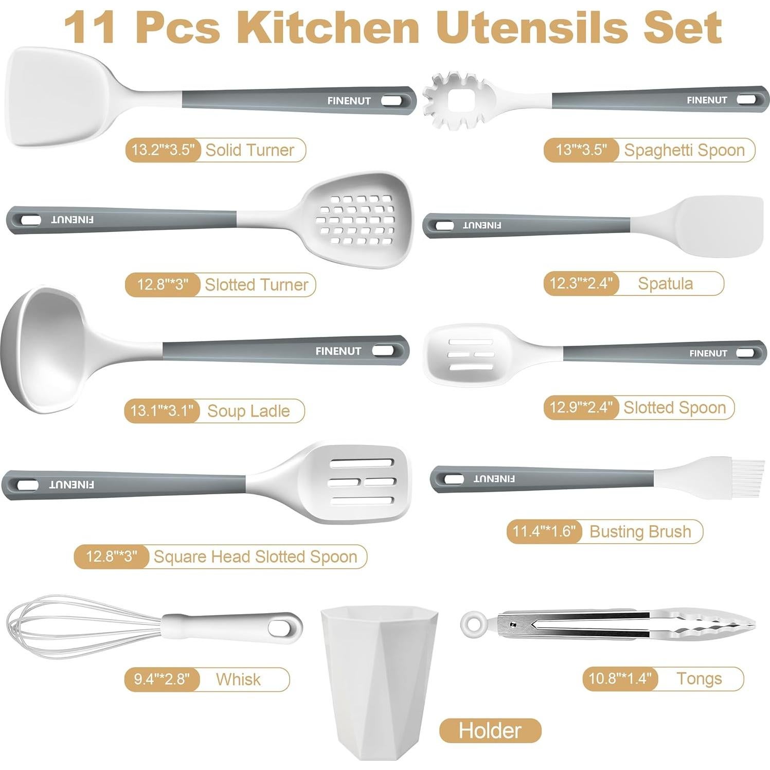 Juego de Utensilios de Cocina de Silicona 11PCS FINENUT - Resistente al Calor