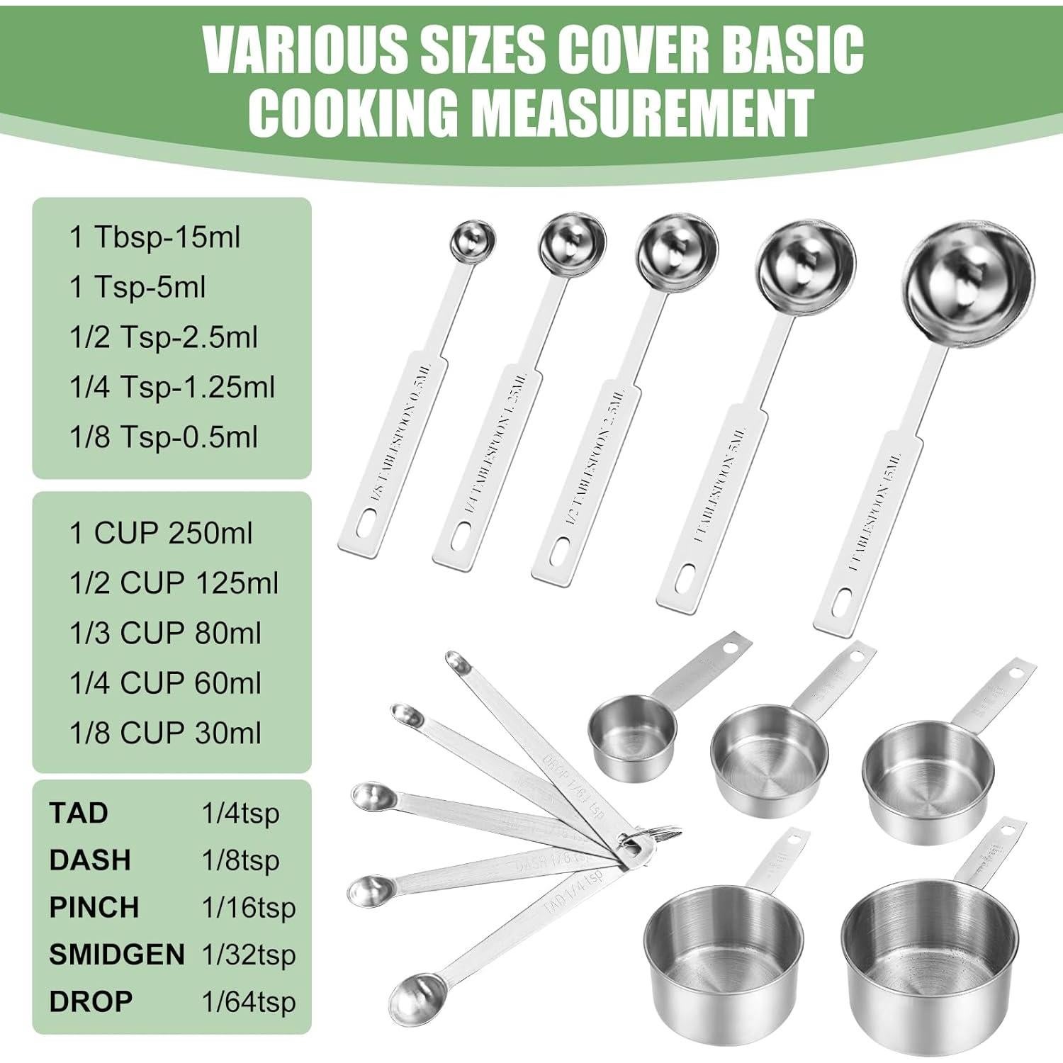 Juego de Tazas y Cucharas Medidoras de Acero Inoxidable 16,5 Tazas