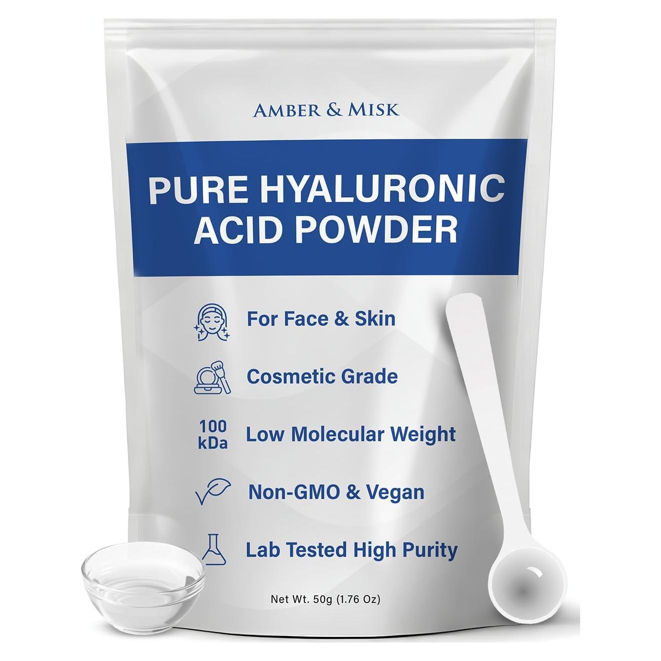 Polvo de Ácido Hialurónico Puro 50g - Amber & Misk, Hidratación Profunda