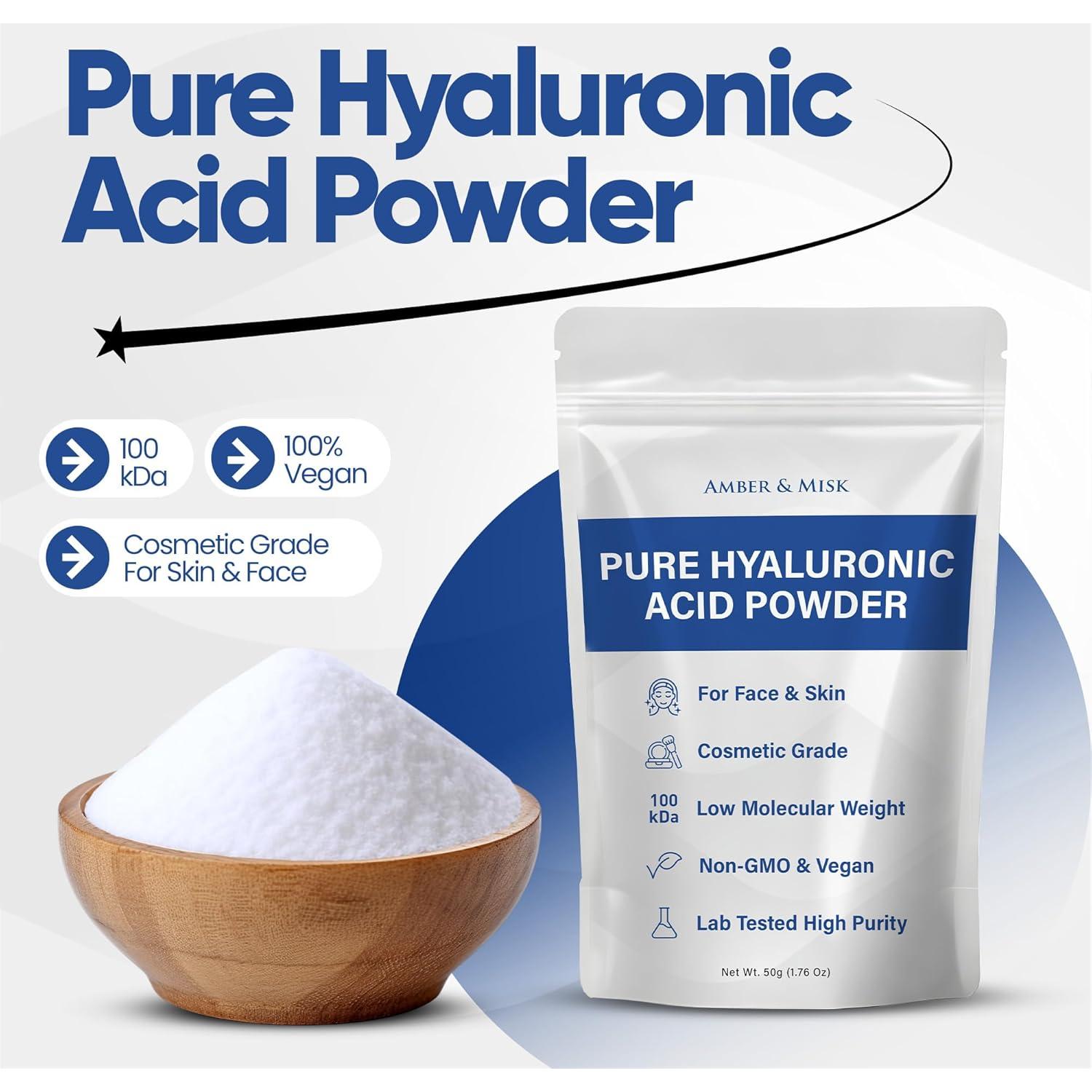 Polvo de Ácido Hialurónico Puro 50g - Amber & Misk, Hidratación Profunda