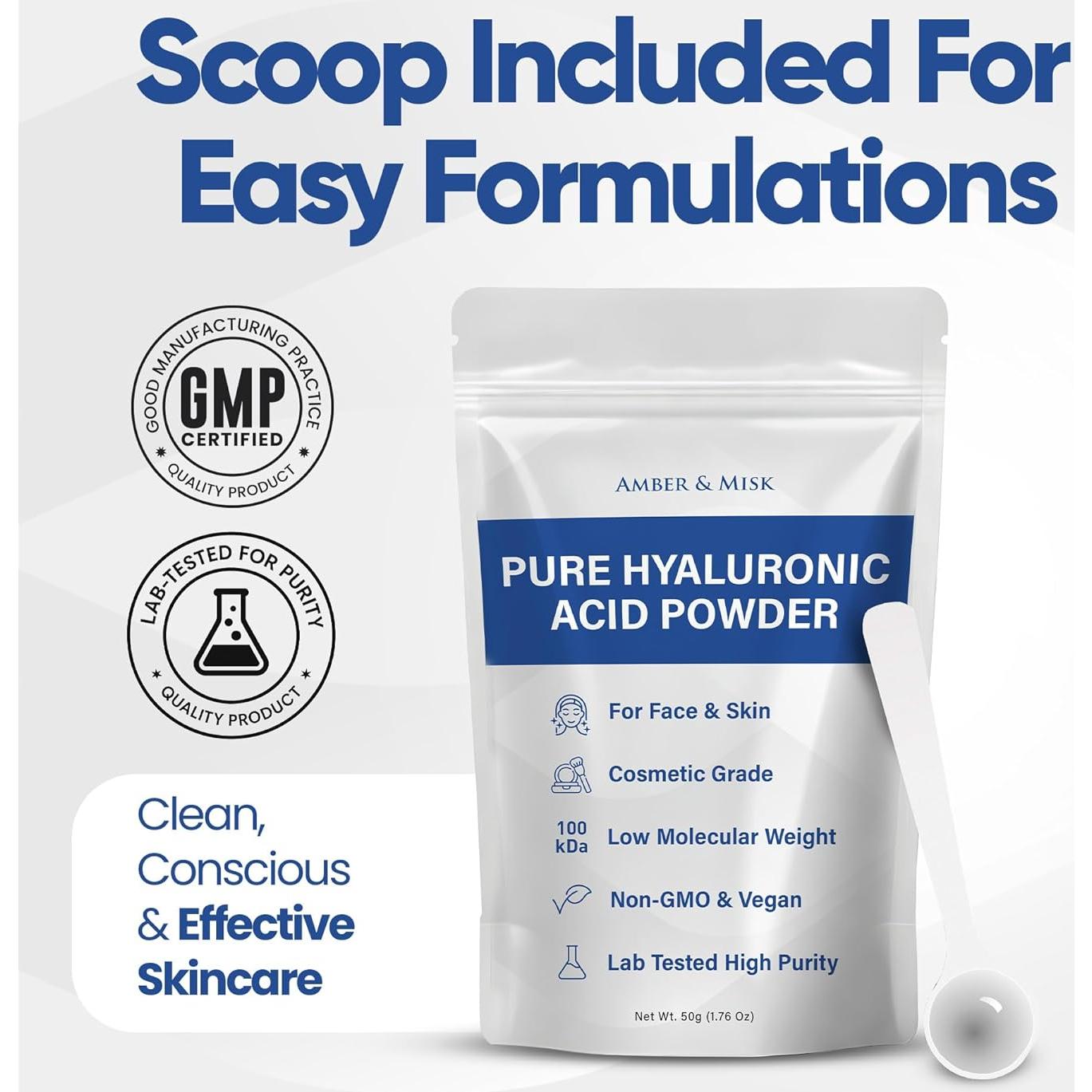 Polvo de Ácido Hialurónico Puro 50g - Amber & Misk, Hidratación Profunda