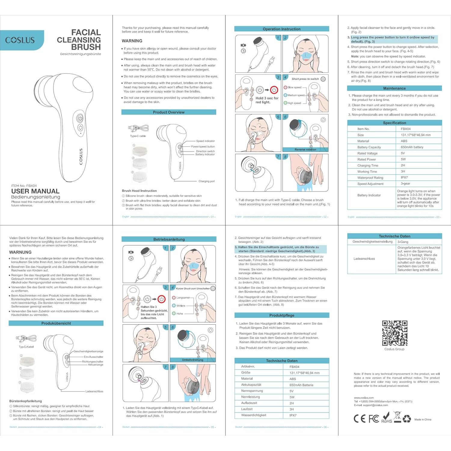 Cepillo Facial Eléctrico COSLUS FBX04 3 en 1 Recargable Negro