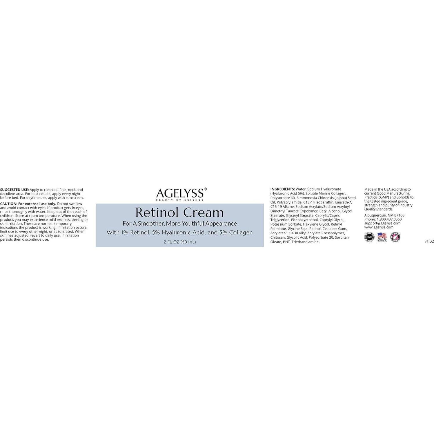 Crema Facial Agelyss Retinol 1% - Colágeno y Ácido Hialurónico 60ml - Paquete de 6