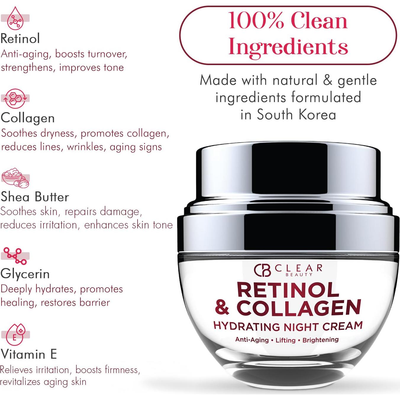 Crema Hidratante Facial Nocturna Clear Beauty con Retinol y Colágeno - 47.6 g