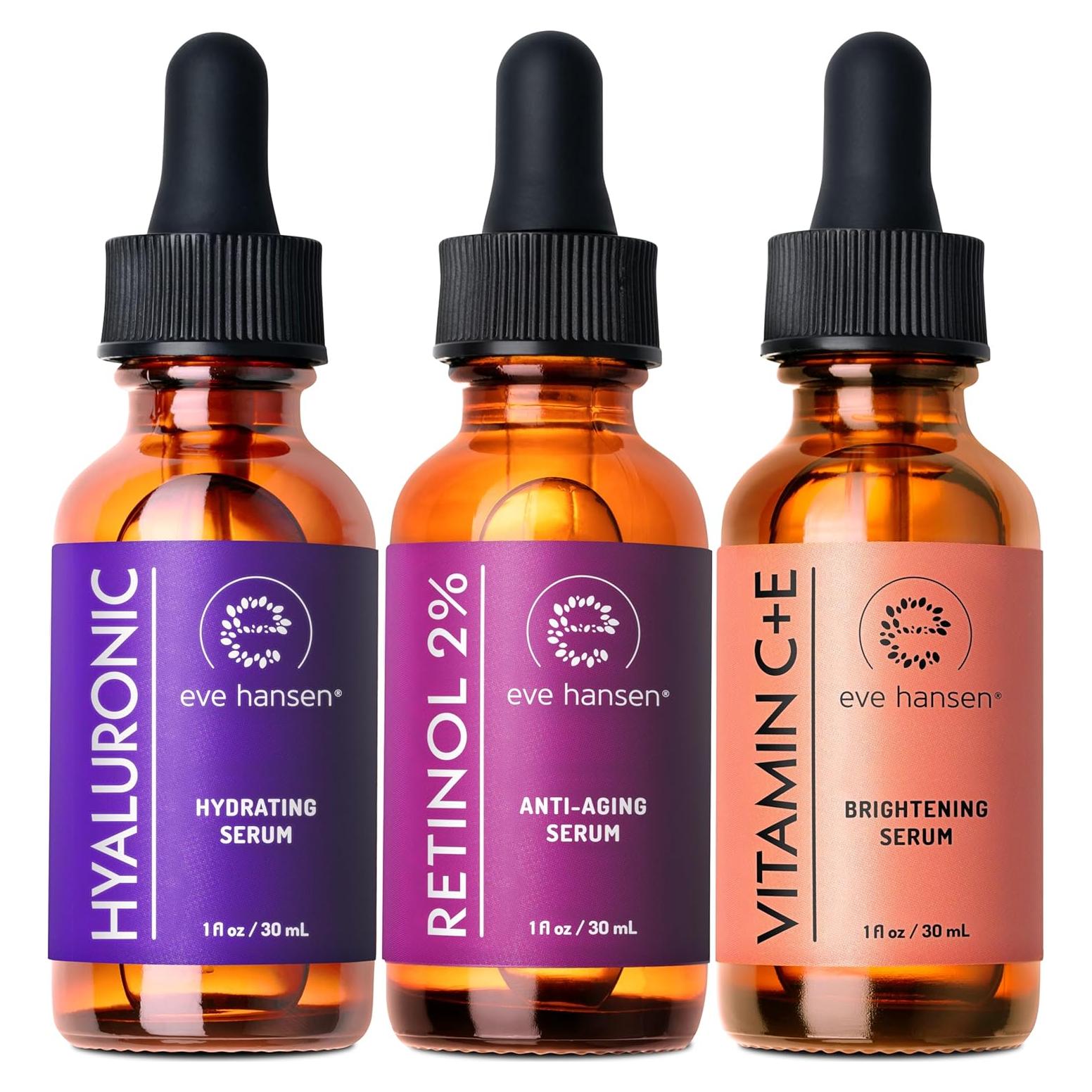 Conjunto de Sueros Faciales Eve Hansen | Vitamina C, Ácido Hialurónico y Retinol | 3x30 ml