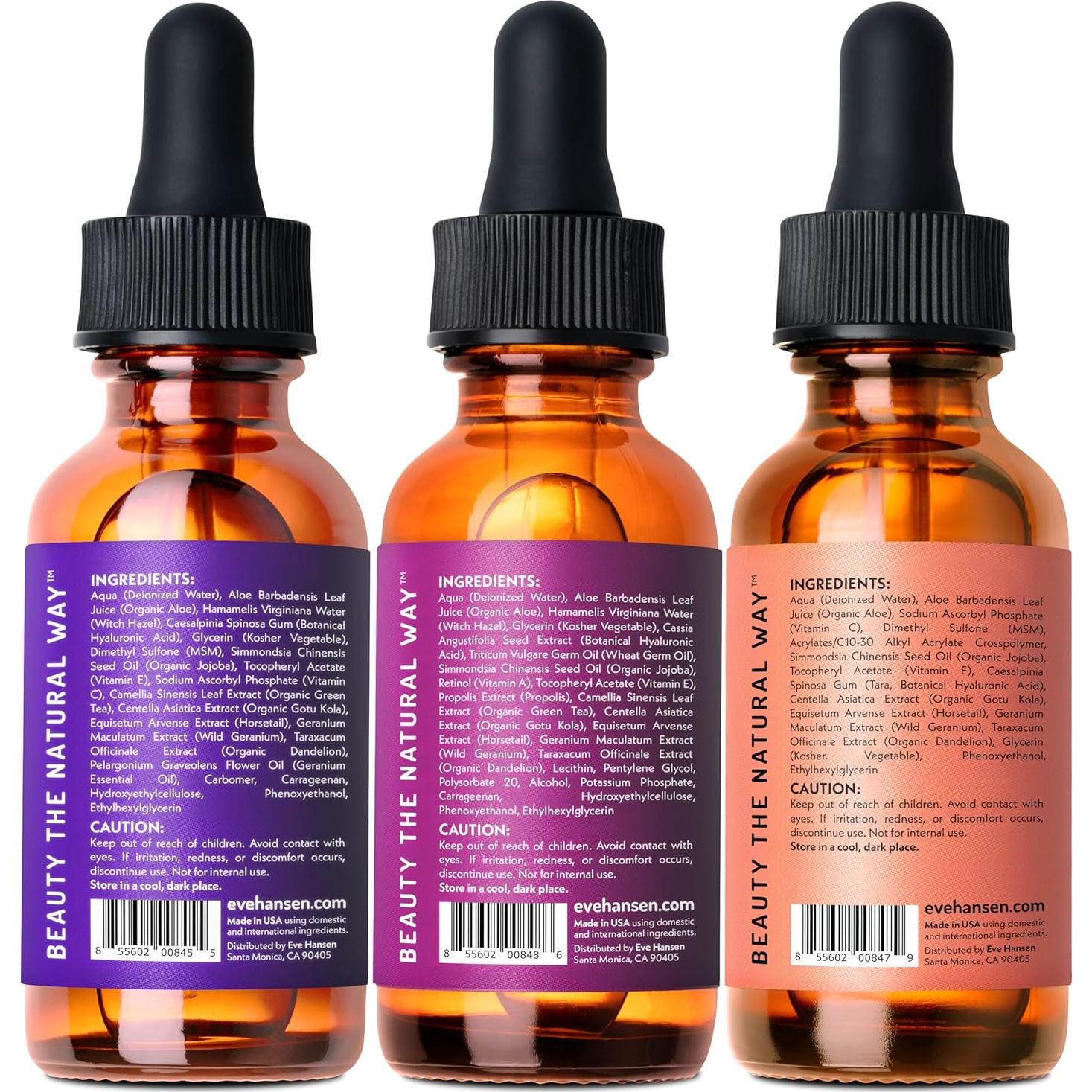 Conjunto de Sueros Faciales Eve Hansen | Vitamina C, Ácido Hialurónico y Retinol | 3x30 ml