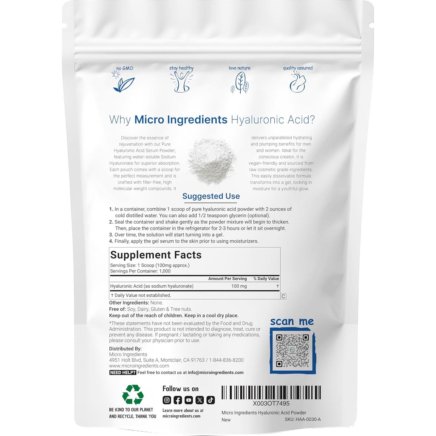 Polvo de Ácido Hialurónico Micro Ingredients 100g - Grado Cosmético