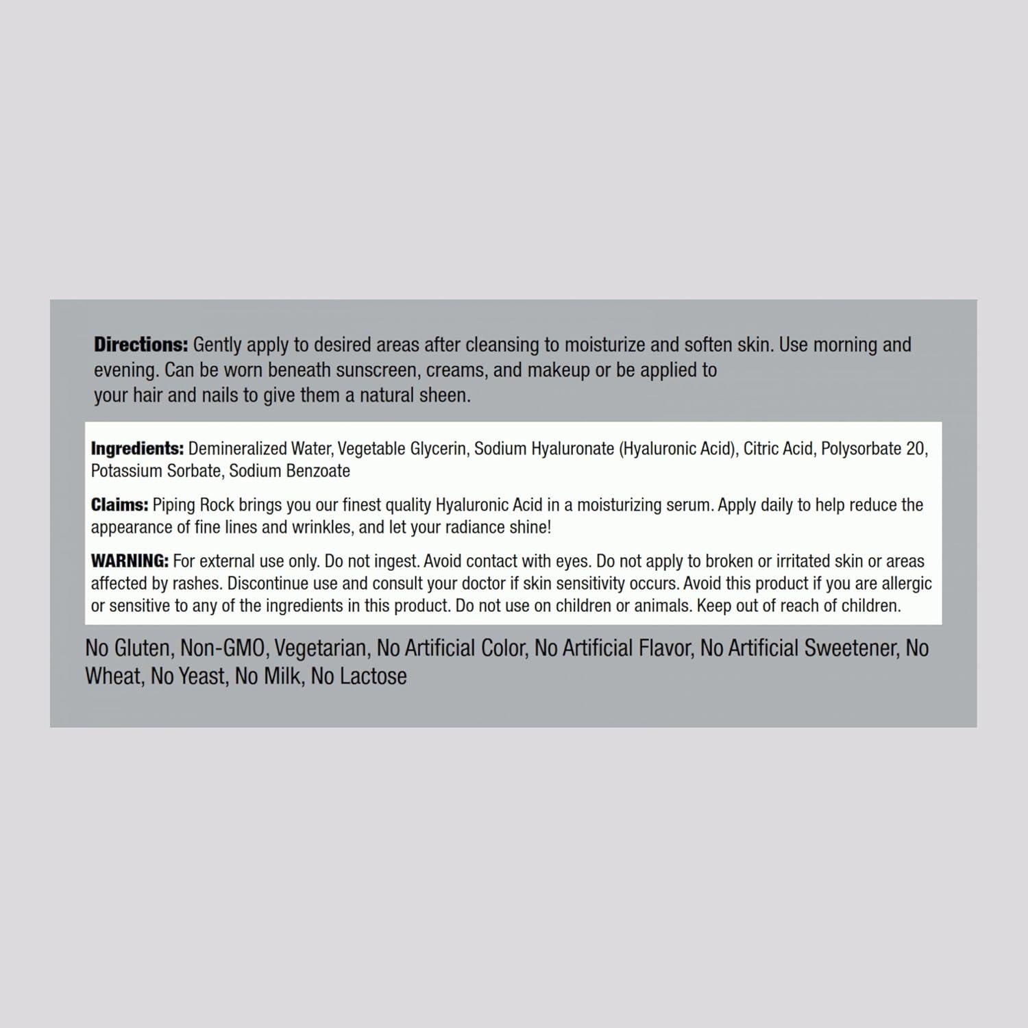 Suero de Ácido Hialurónico Piping Rock 29.57 ml Hidratante