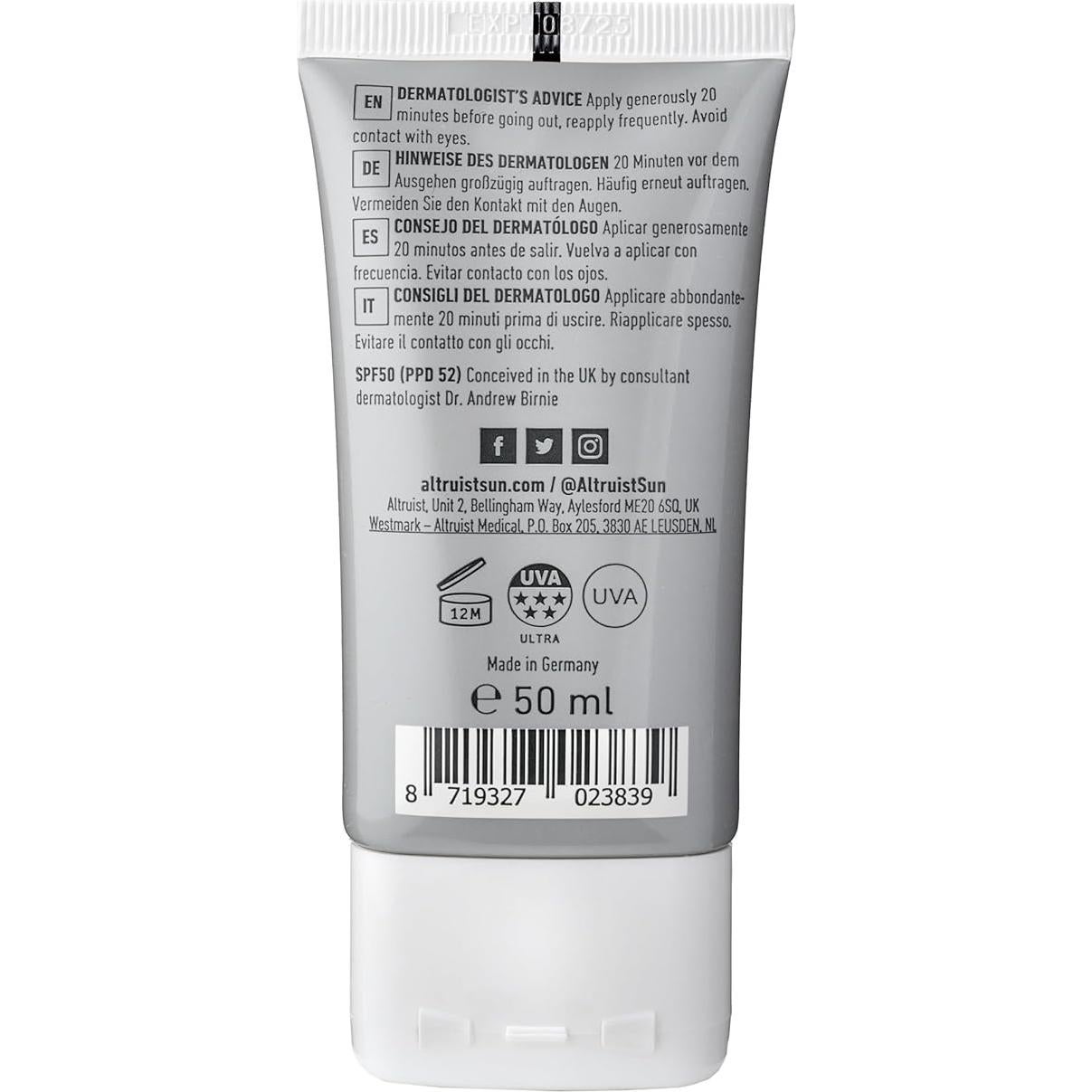 Fluido Solar Facial Altruist SPF50 - 50ml Protección UVA/UVB