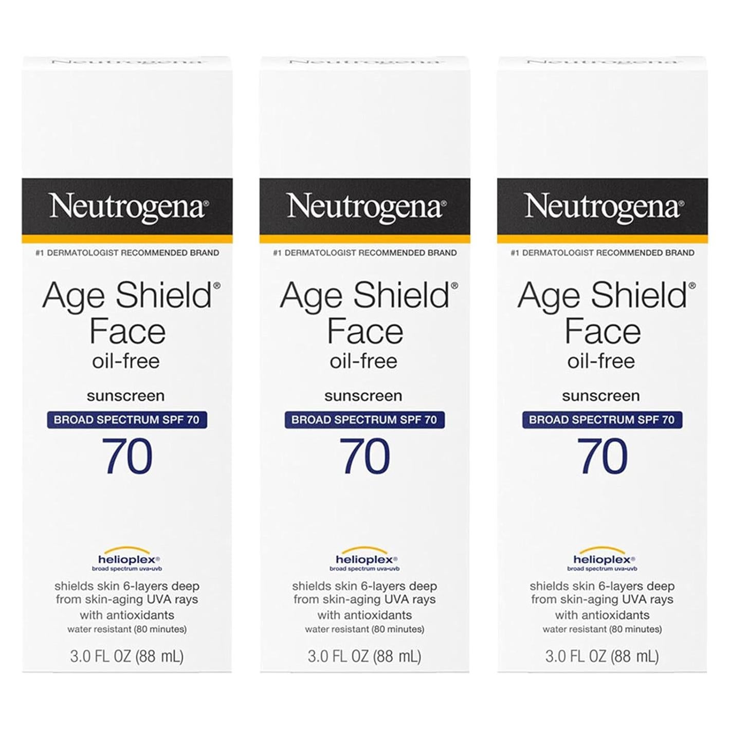 Loción Solar Neutrogena Age Shield SPF 70 - 267 ml (Paquete de 3)