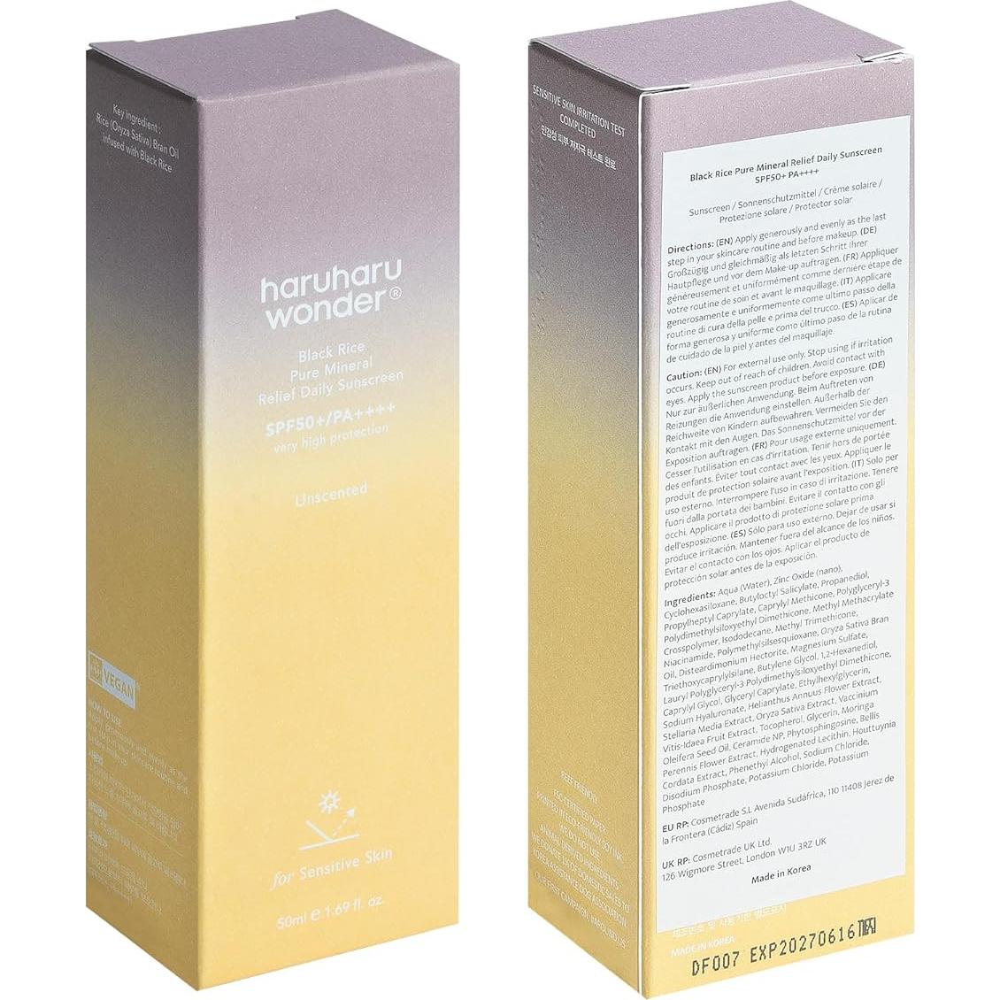 Protector Solar Mineral Haruharu Wonder SPF50+ 50ml Piel Sensible