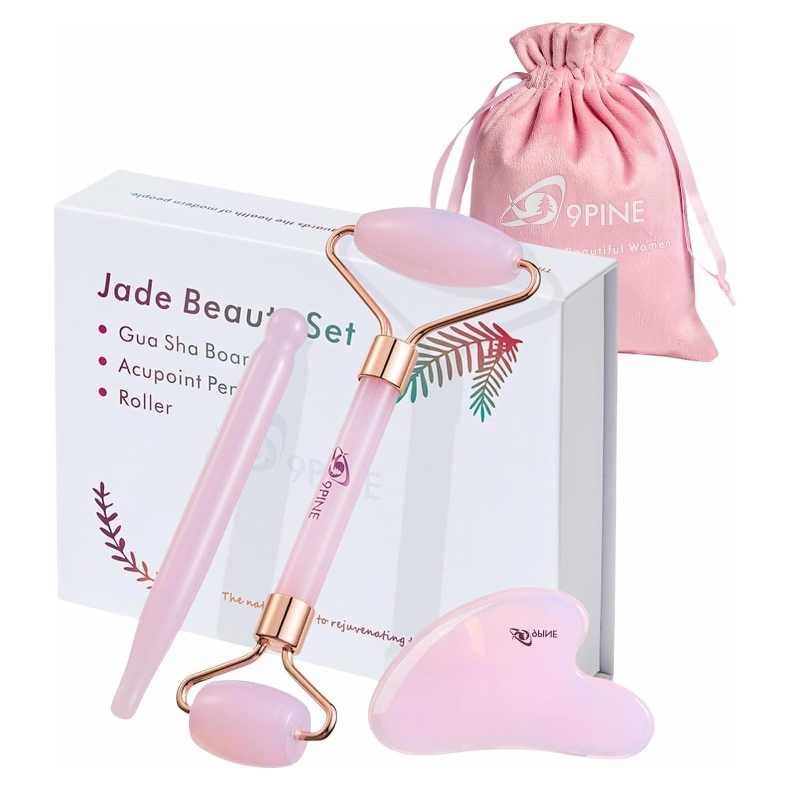 Juego de Rodillo de Jade y Gua Sha 99pine - Cuidado Facial Rosa