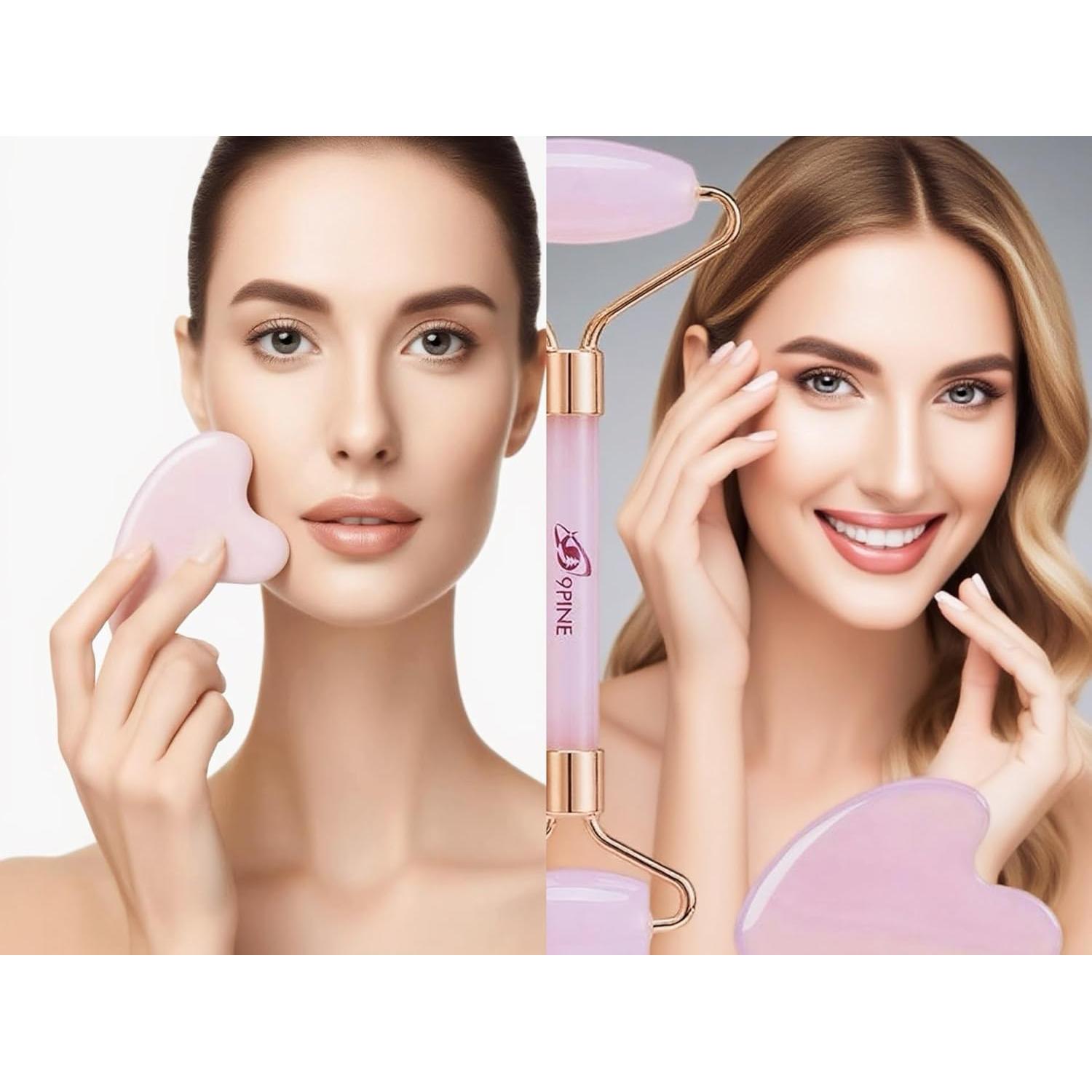 Juego de Rodillo de Jade y Gua Sha 99pine - Cuidado Facial Rosa