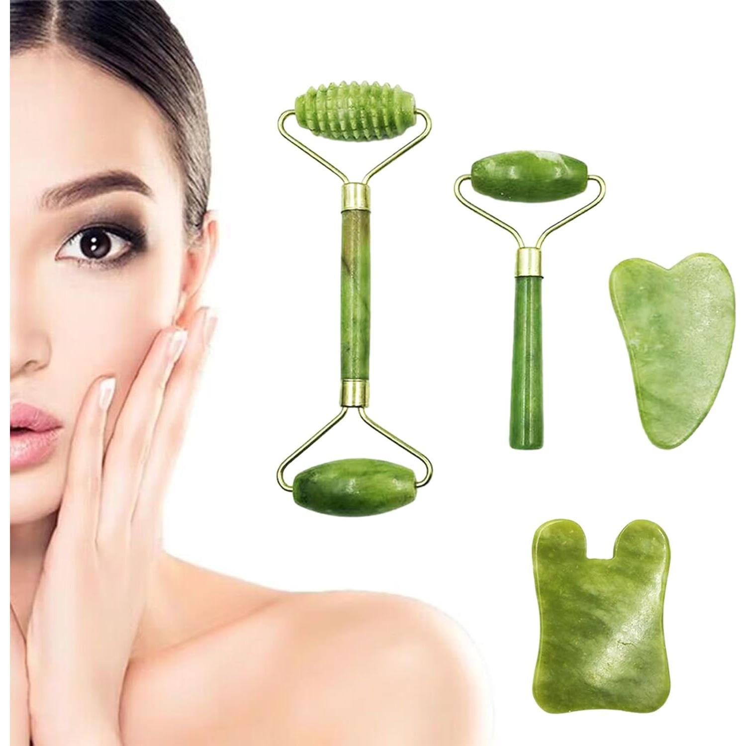 Set de Rodillo Facial y Gua Sha Bibabala - Jade Verde 4 Piezas