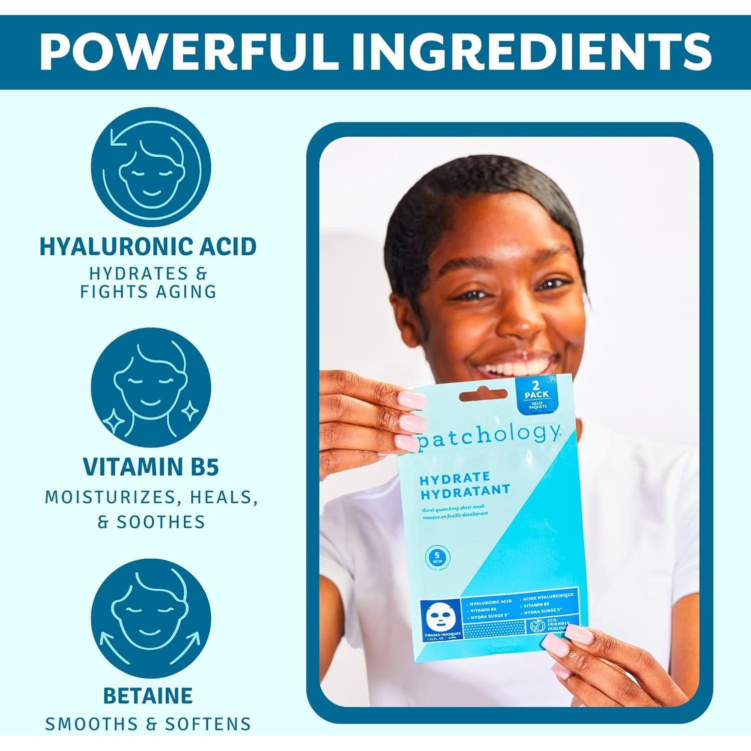 Mascarilla Facial de Tela Patchology Hydrate - Hialurónico 2 Unidades