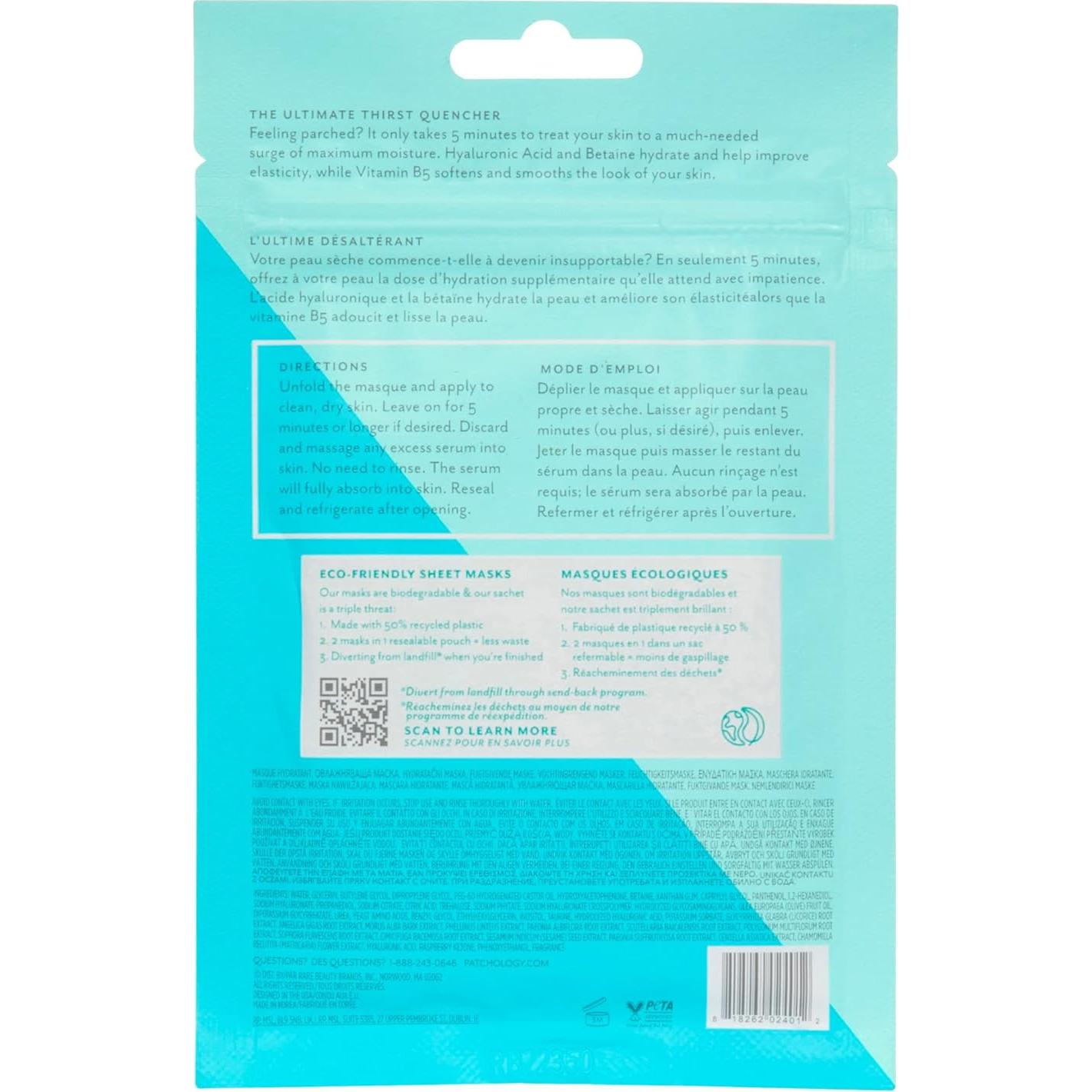 Mascarilla Facial de Tela Patchology Hydrate - Hialurónico 2 Unidades