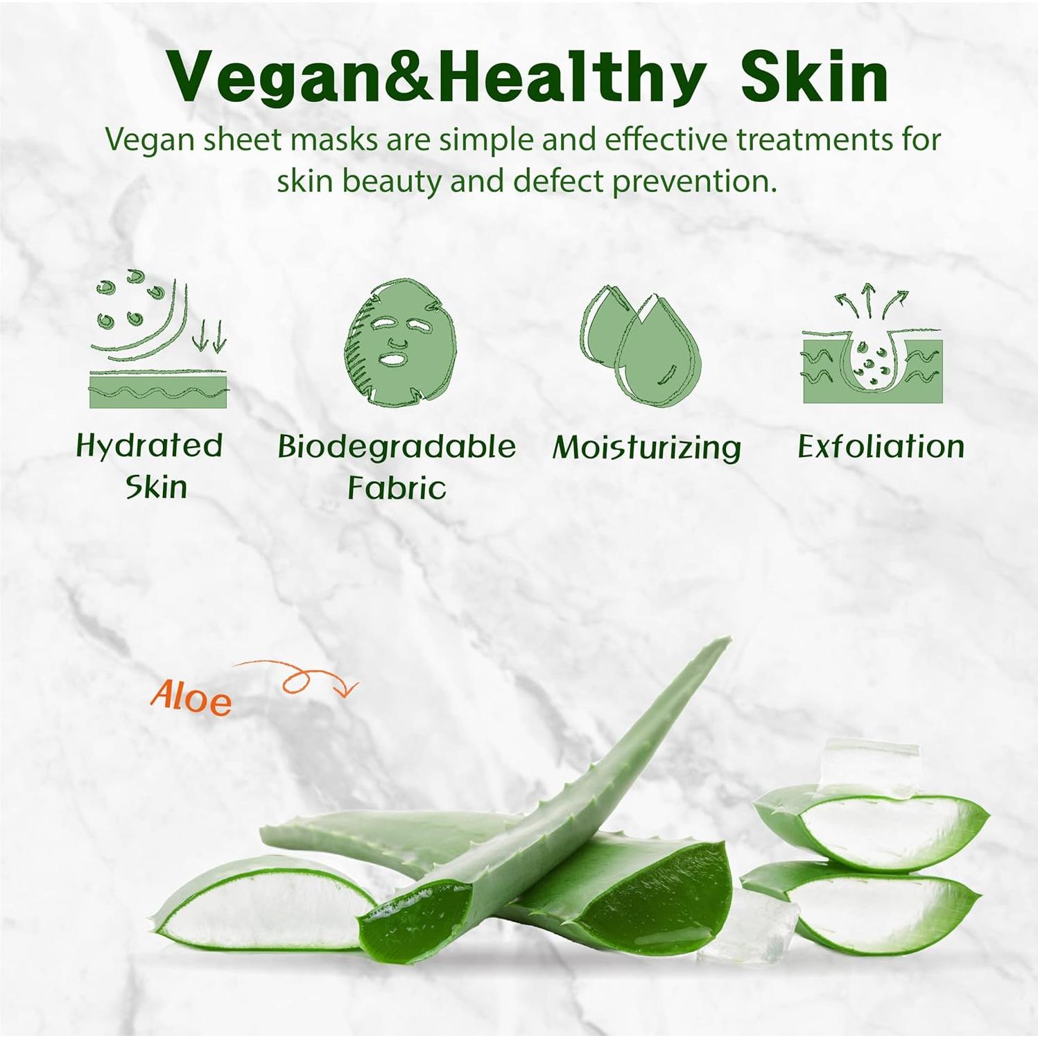 Mascarillas de Tela Veganas Purederm Aloe 12 Paquetes Hidratantes