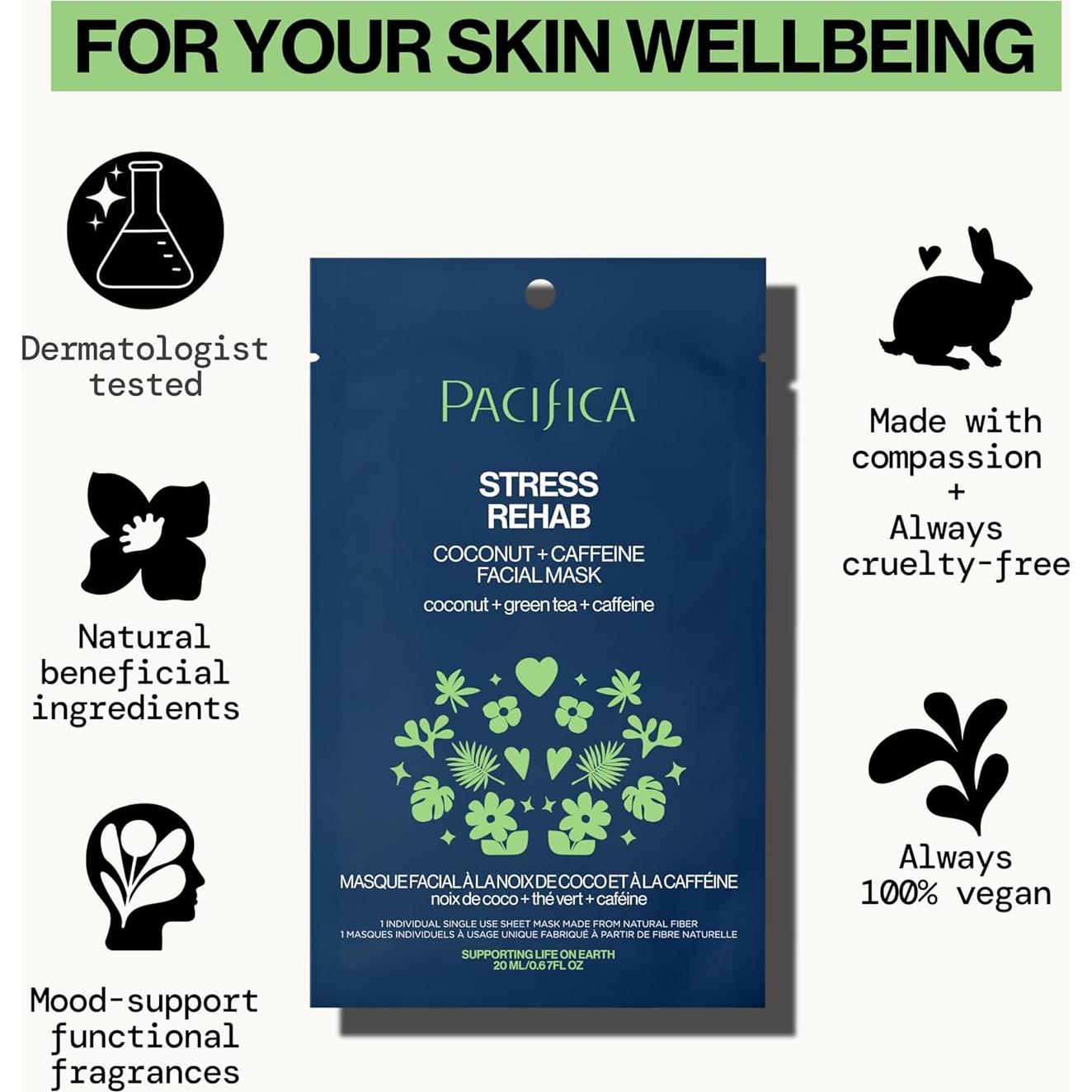 Mascarilla de Hoja Pacifica - Rehabilitación del Estrés con Coco y Cafeína - Paquete de 6