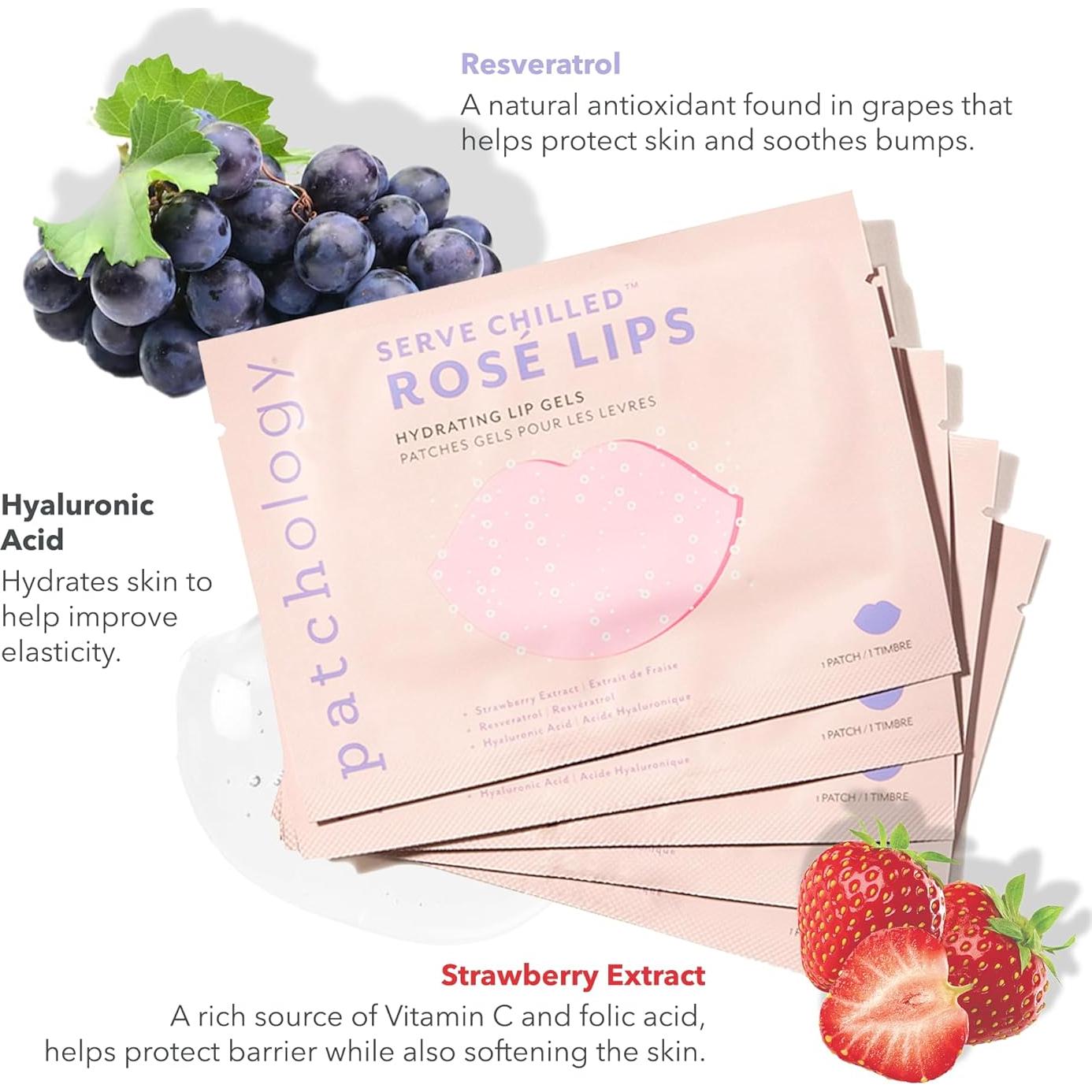 Mascarilla de Gel para Labios Patchology - Hidratante con Ácido Hialurónico y Fresa - 5 Unidades