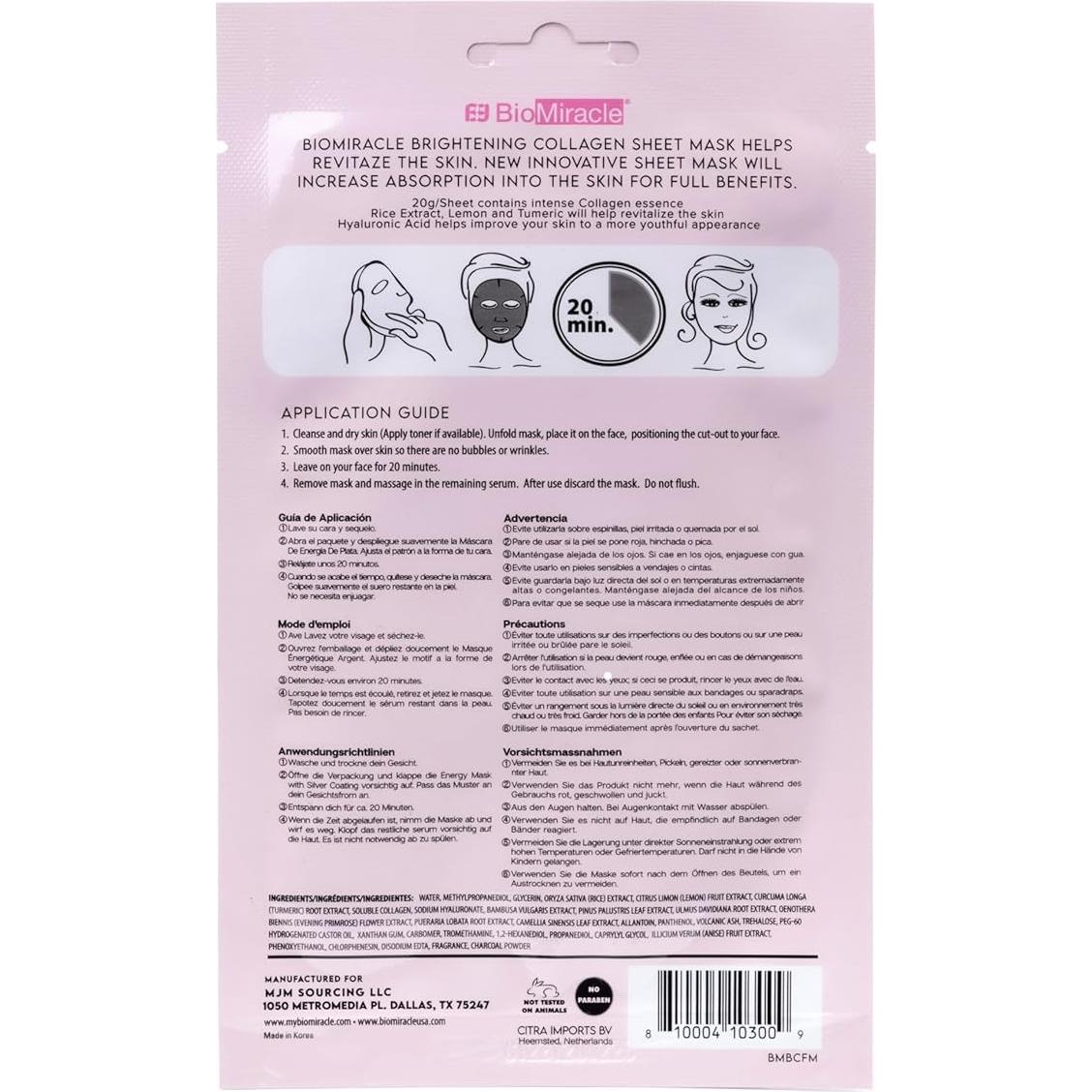 Máscara Facial de Colágeno BioMiracle con Extractos Naturales - 10 Hojas