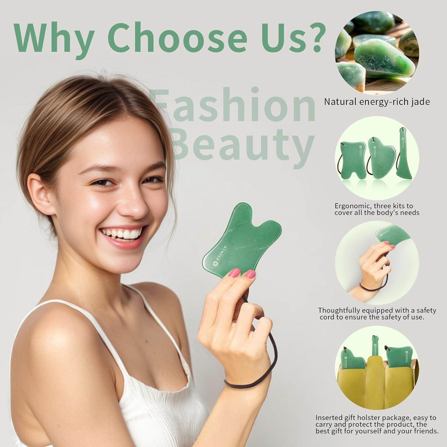 Juego de Gua Sha de Jade Natural Lusomch 3 Piezas Masaje Facial