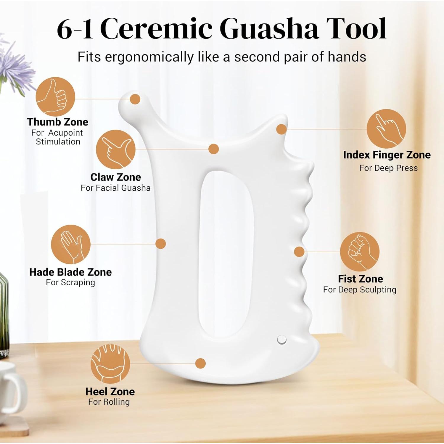 Herramienta Gua Sha Cerámica 6-en-1 Roythric para Cara y Cuerpo