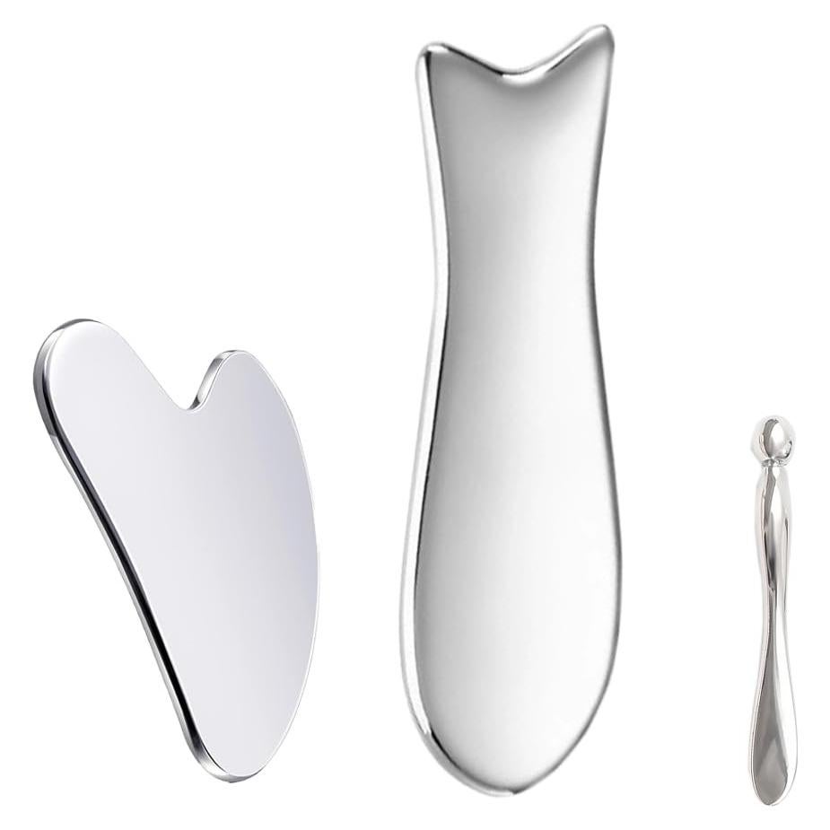 Kit de Gua Sha Facial 3 en 1 MOKIUER Acero Inoxidable Plata