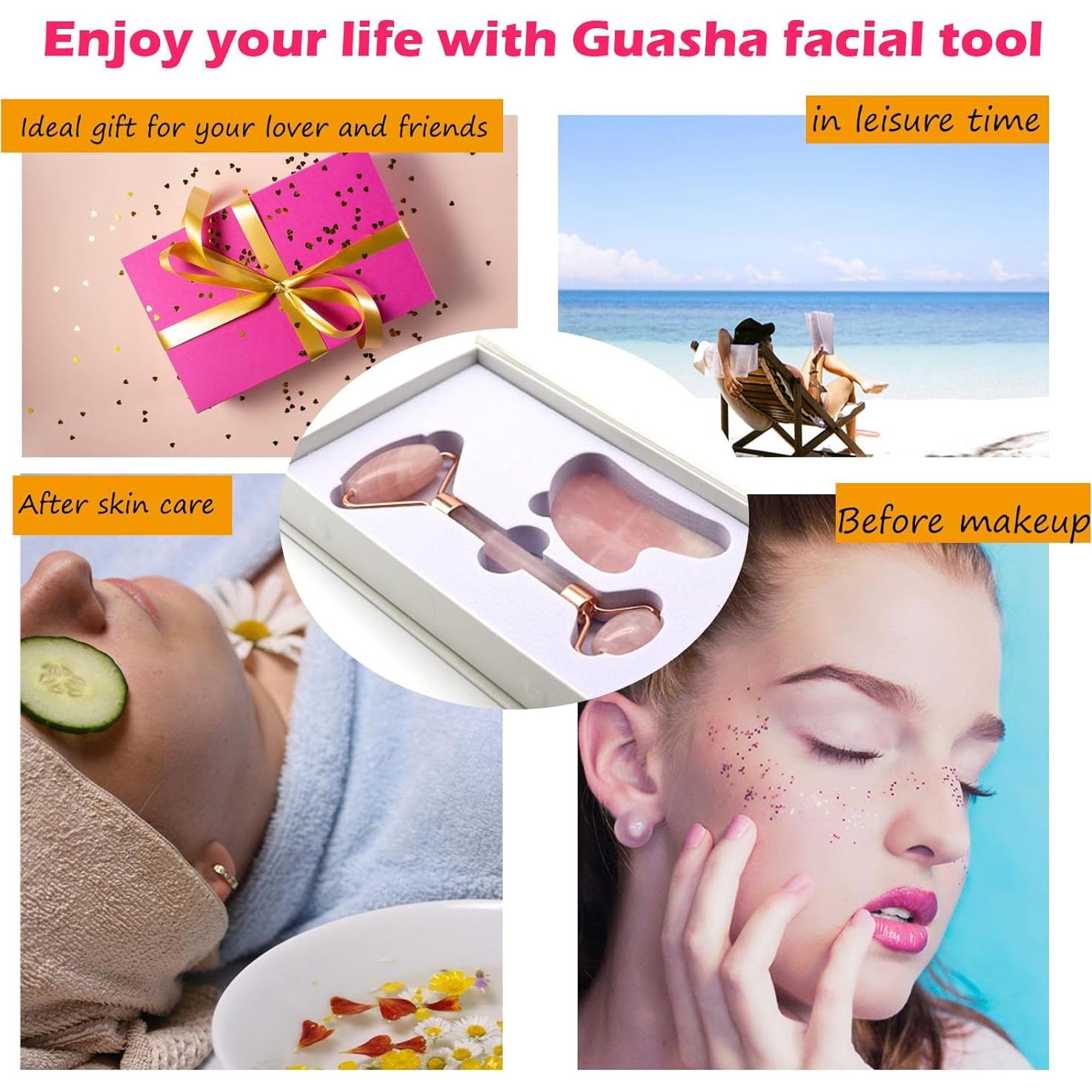 Juego de Gua Sha y Rodillo Facial Samherome - Jade Rosa Natural