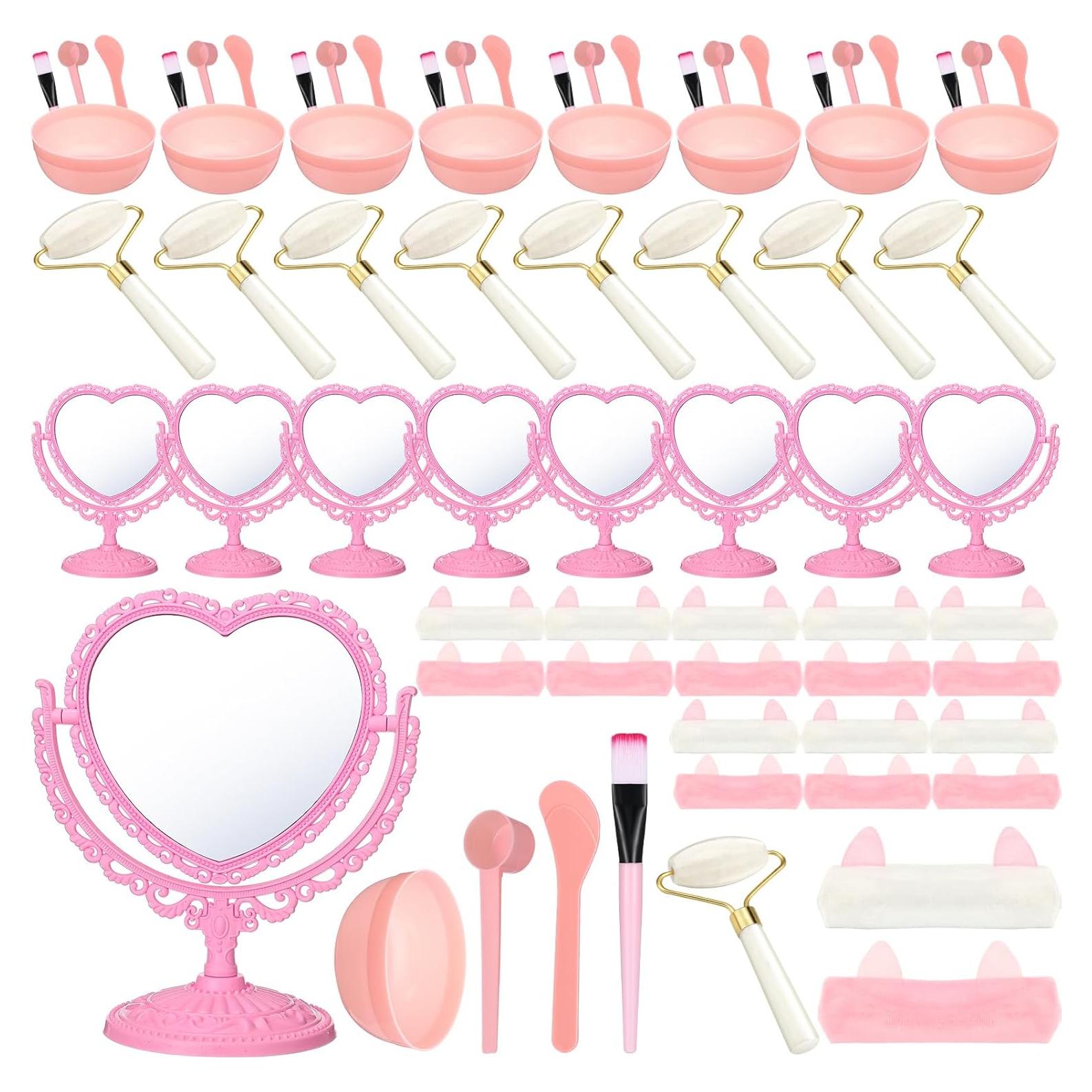 Set de Fiesta de Spa para Niñas - 8 Espejos Corazón, Rodillos Jade, Diademas