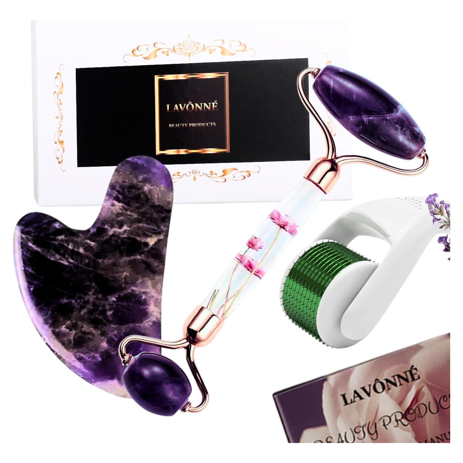 Set de Rodillo de Jade y Gua Sha LAVÔNNÉ 4 PCS Amatista