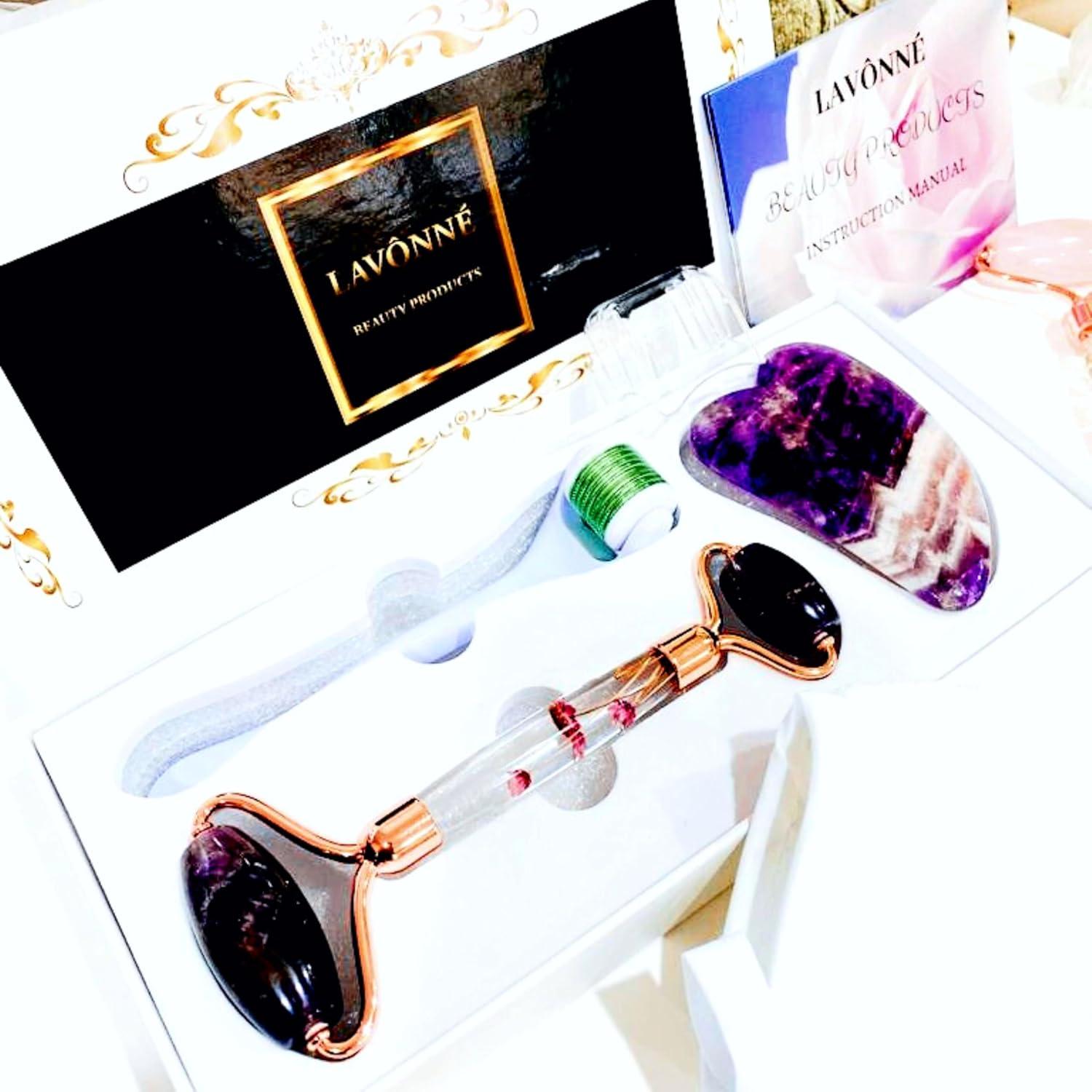 Set de Rodillo de Jade y Gua Sha LAVÔNNÉ 4 PCS Amatista