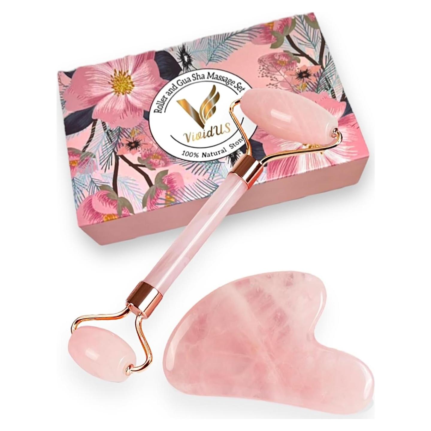 Conjunto Gua Sha y Rodillo de Jade VIVIDUS Rosa para Masaje Facial