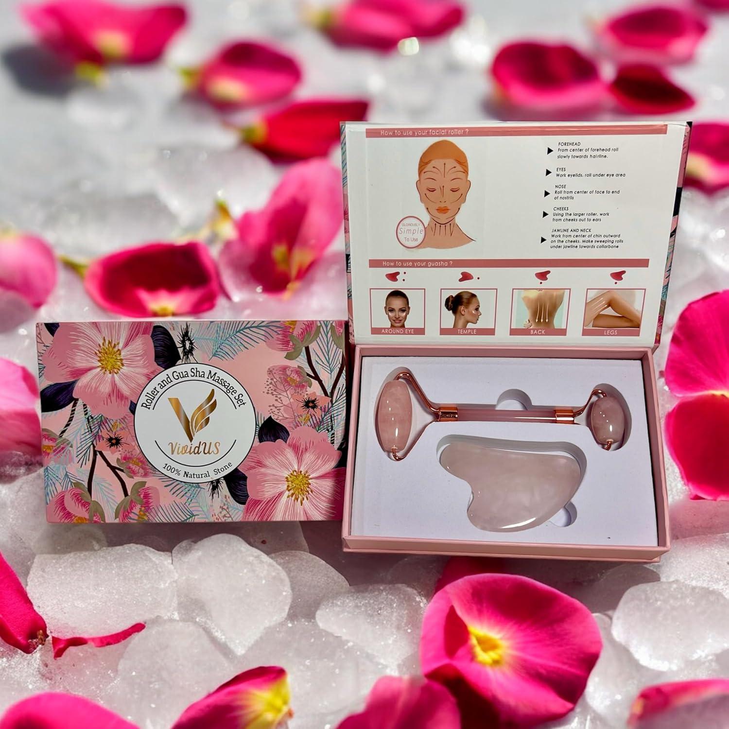 Conjunto Gua Sha y Rodillo de Jade VIVIDUS Rosa para Masaje Facial