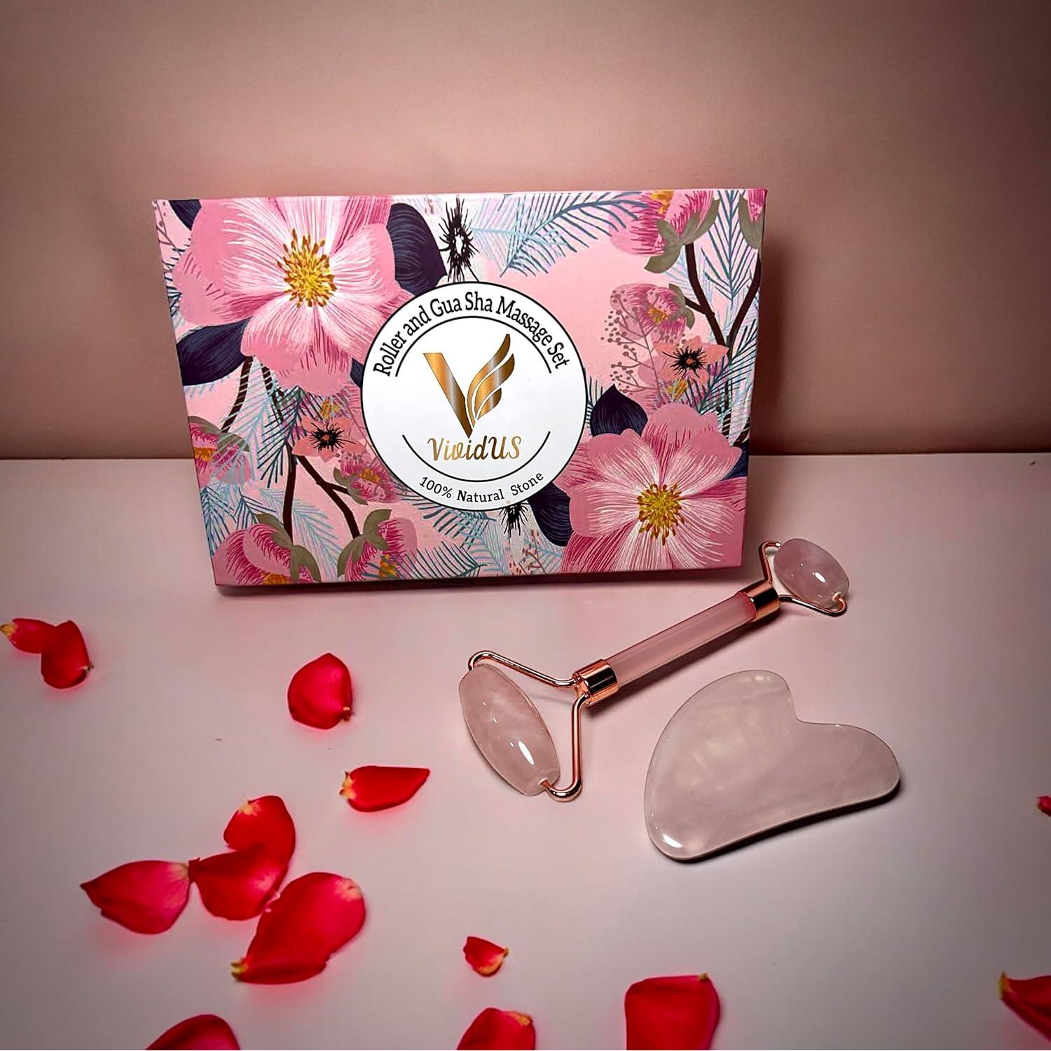 Conjunto Gua Sha y Rodillo de Jade VIVIDUS Rosa para Masaje Facial