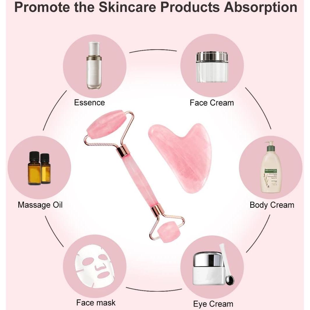 Conjunto Gua Sha y Rodillo de Jade VIVIDUS Rosa para Masaje Facial