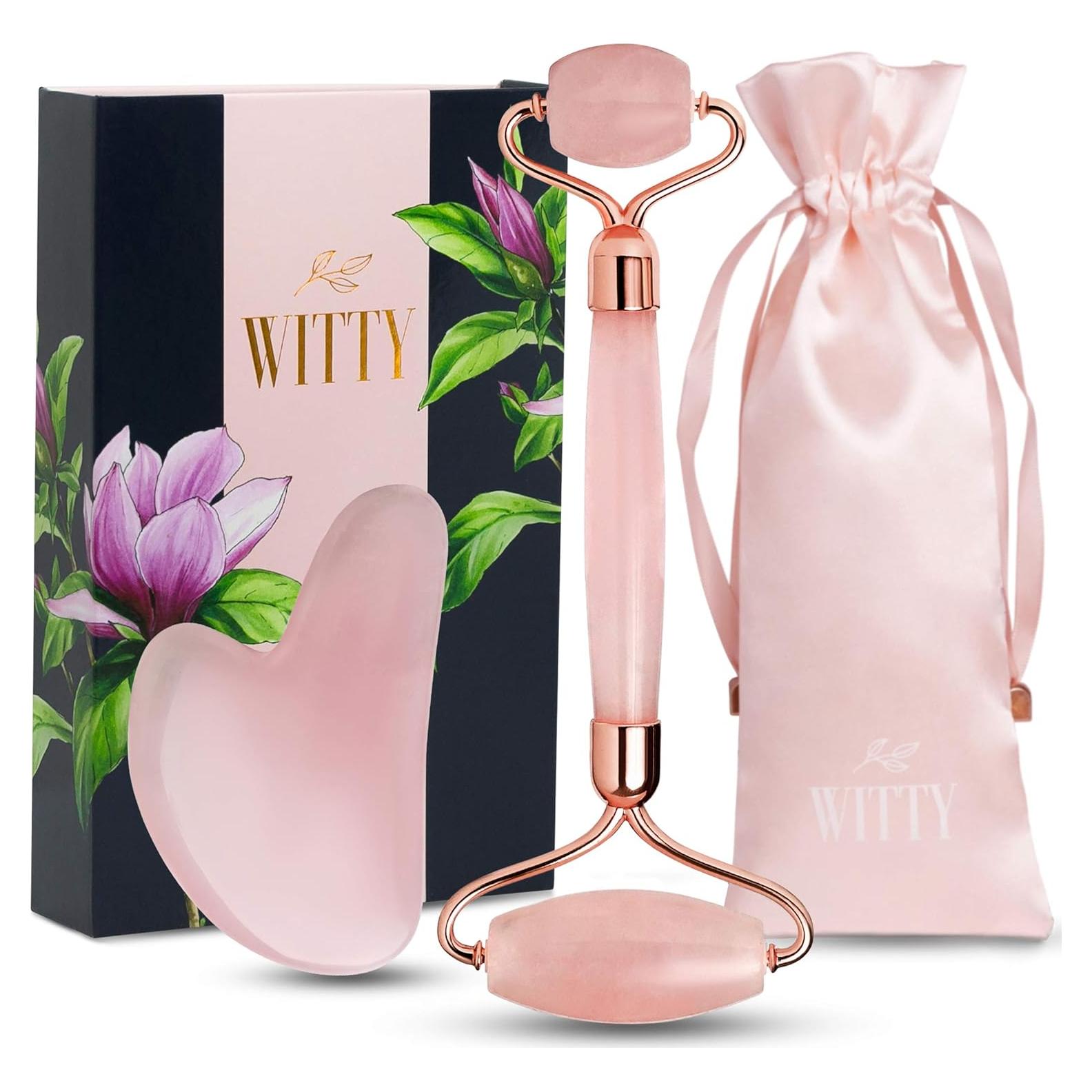 Set de Rodillo Facial y Gua Sha WITTY Cuarzo Rosa - 15cm