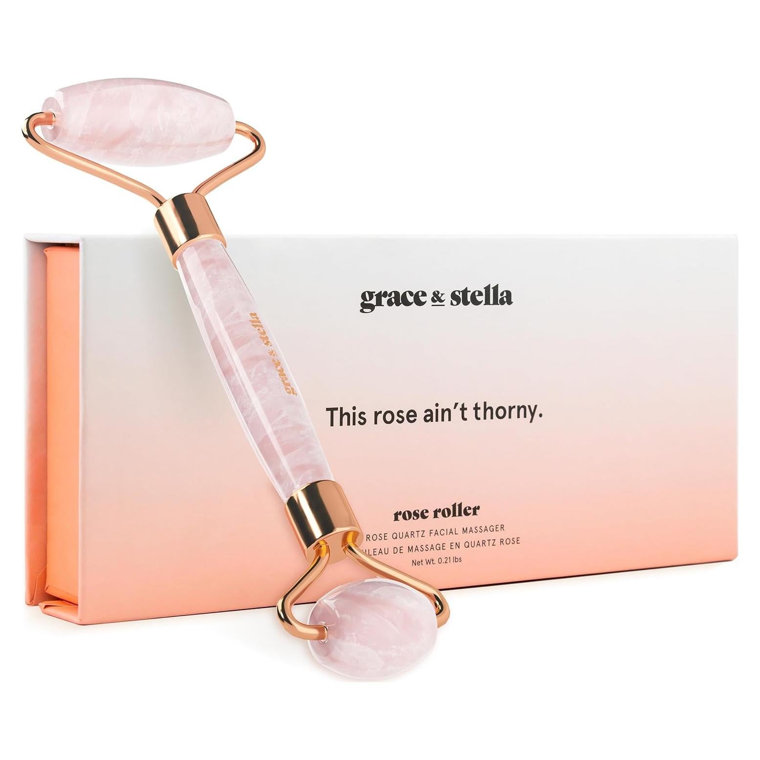 Rodillo Facial de Cuarzo Rosa Grace & Stella - Masajeador Drenaje Linfático