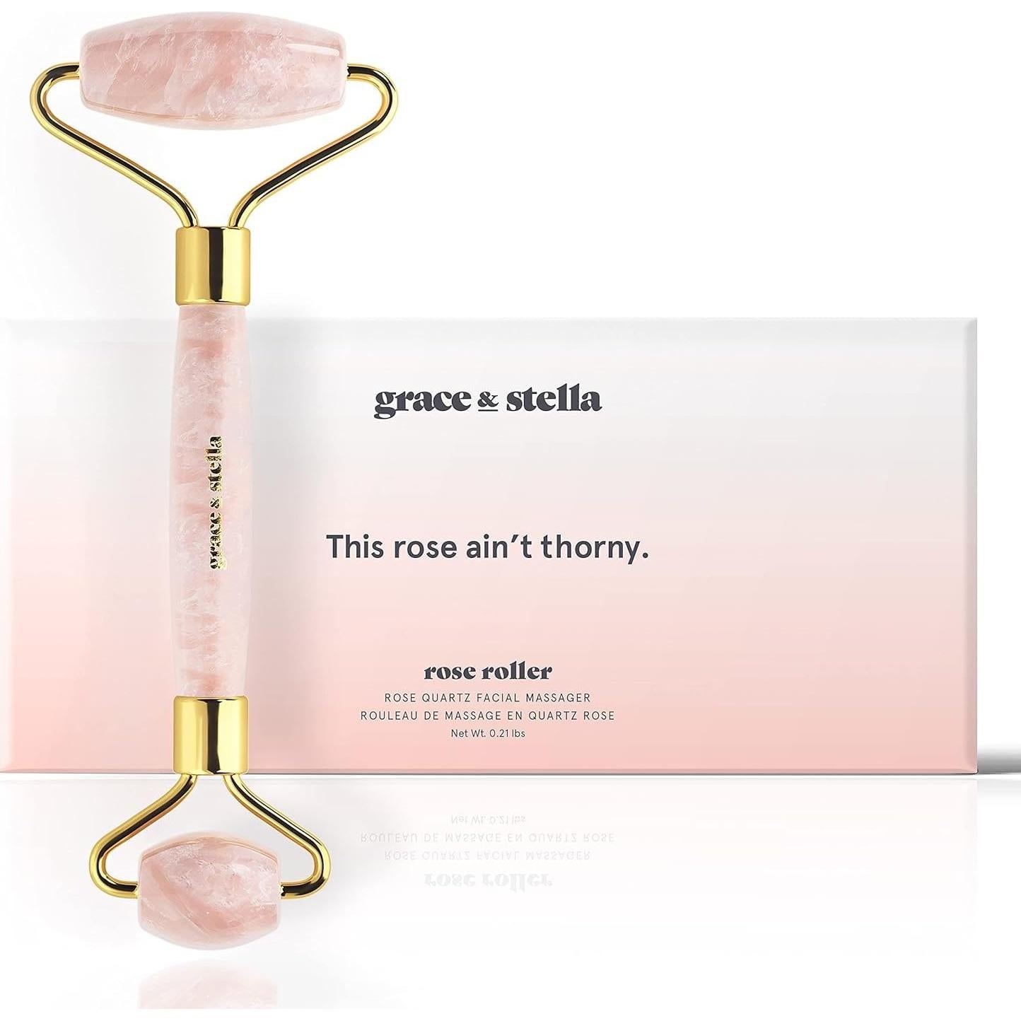 Rodillo Facial de Cuarzo Rosa Grace & Stella - Masajeador Drenaje Linfático