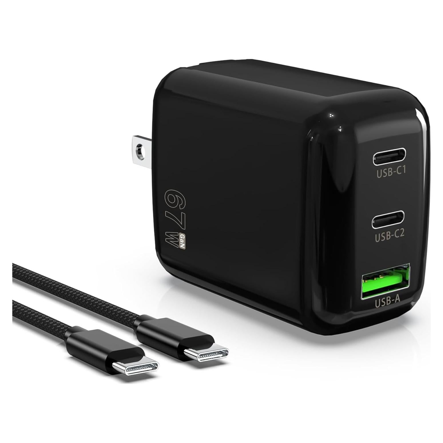 Cargador de pared USB C 67W QIOUZW, 3 puertos, GaN, Negro
