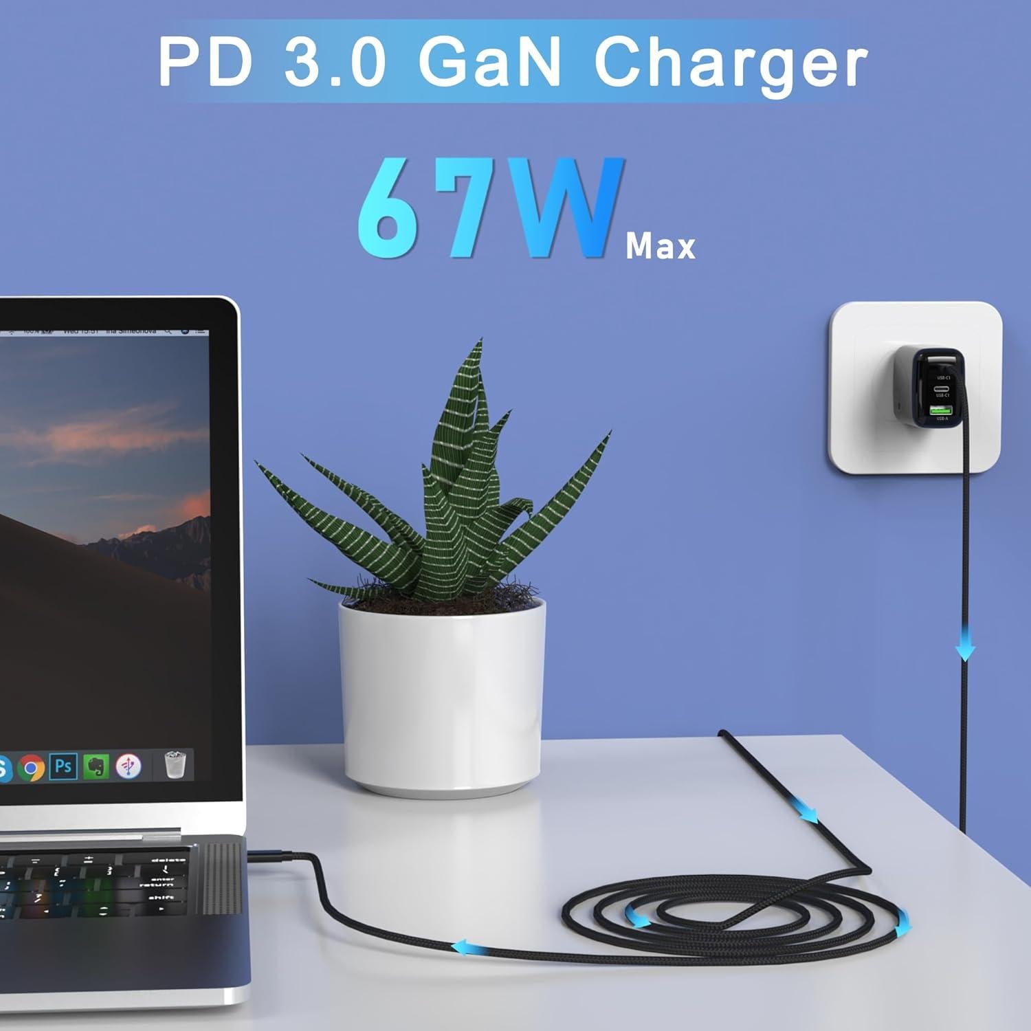 Cargador de pared USB C 67W QIOUZW, 3 puertos, GaN, Negro