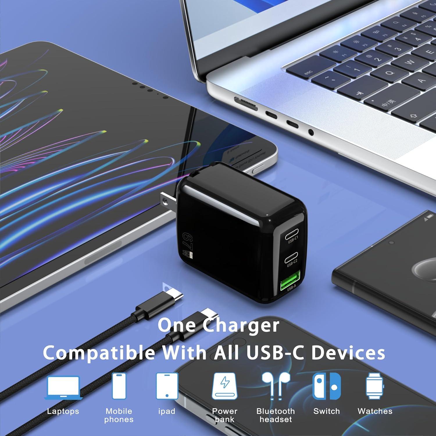 Cargador de pared USB C 67W QIOUZW, 3 puertos, GaN, Negro