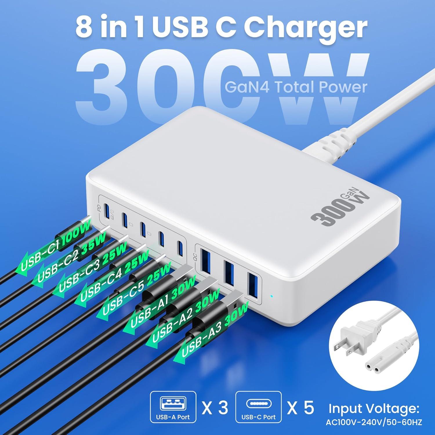 Cargador USB C 300W GaN IV 8 Puertos Adaptador Rápido