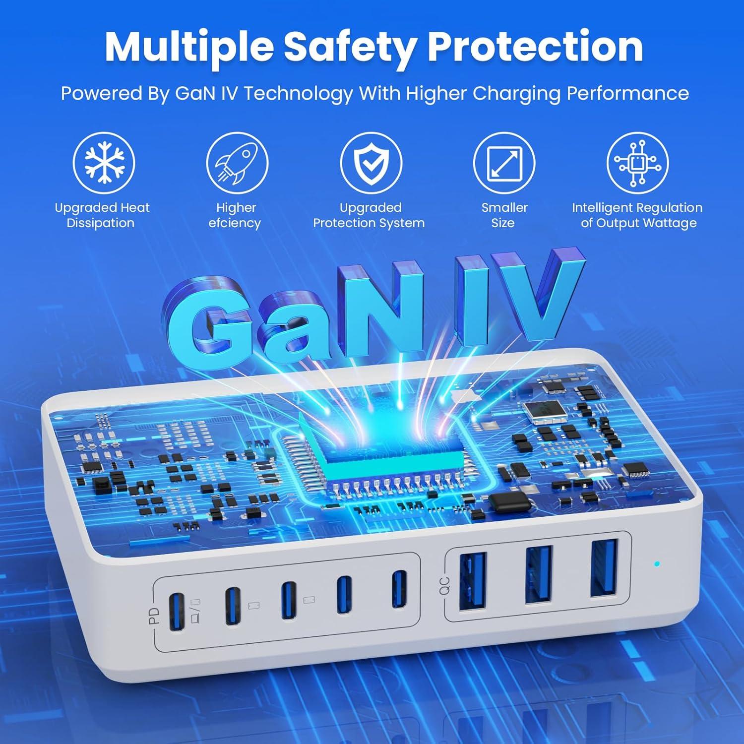 Cargador USB C 300W GaN IV 8 Puertos Adaptador Rápido