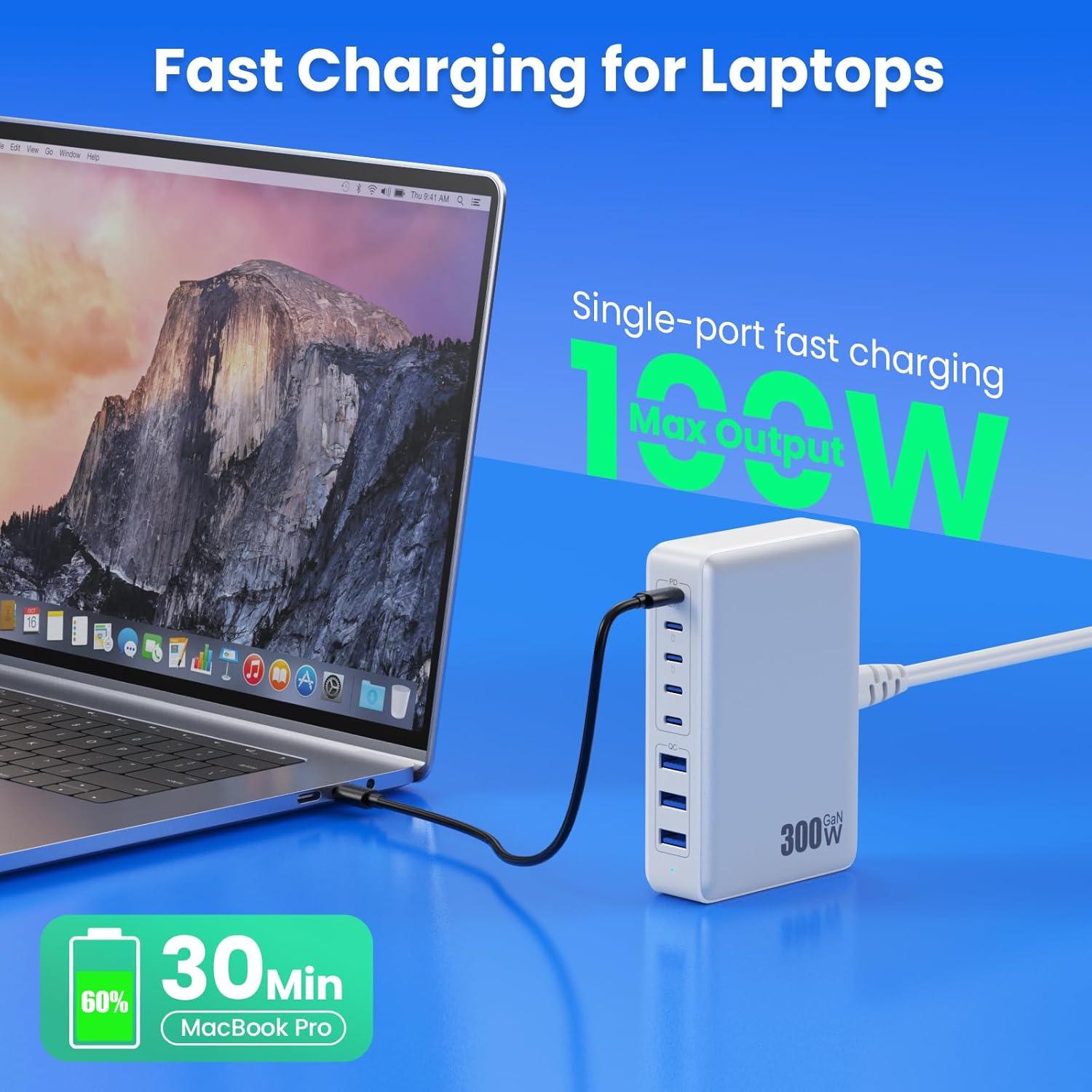 Cargador USB C 300W GaN IV 8 Puertos Adaptador Rápido
