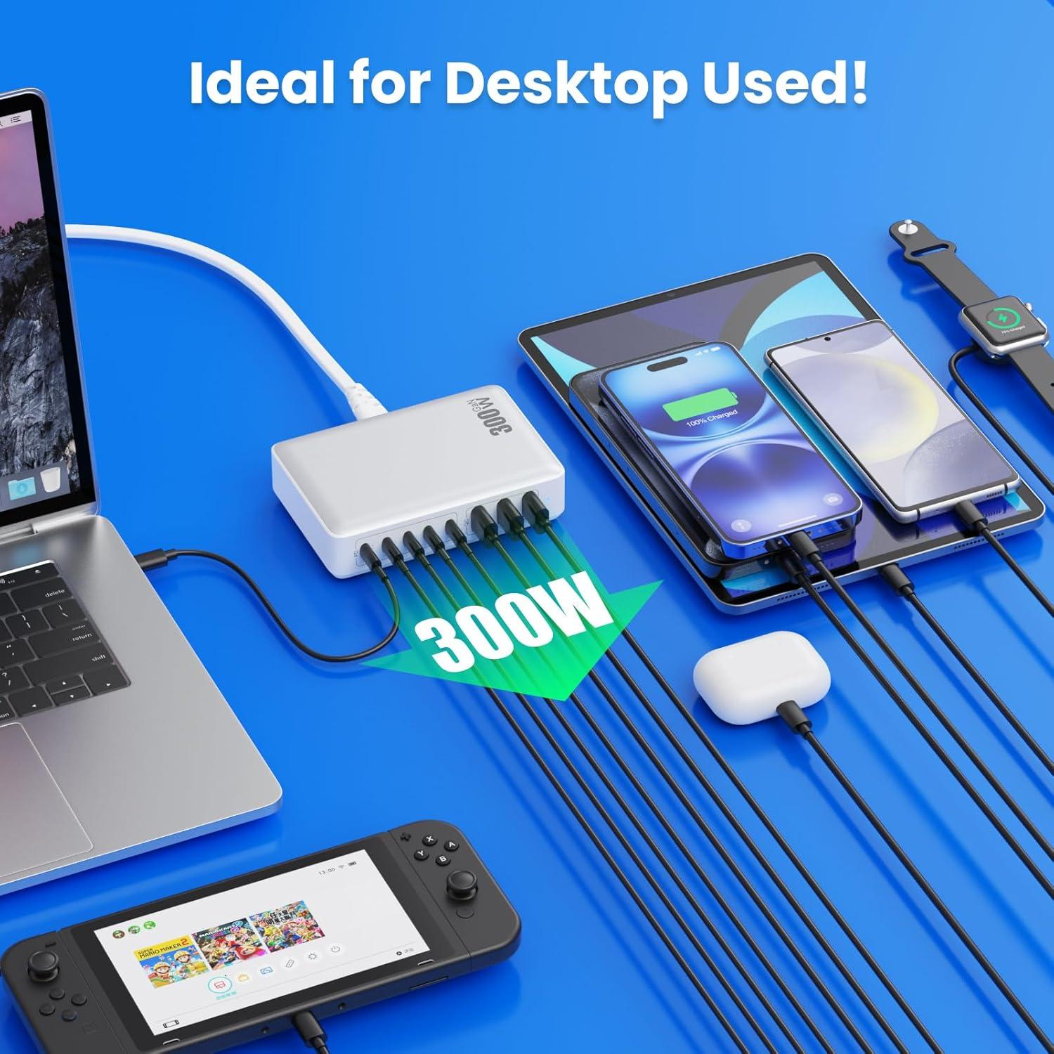 Cargador USB C 300W GaN IV 8 Puertos Adaptador Rápido